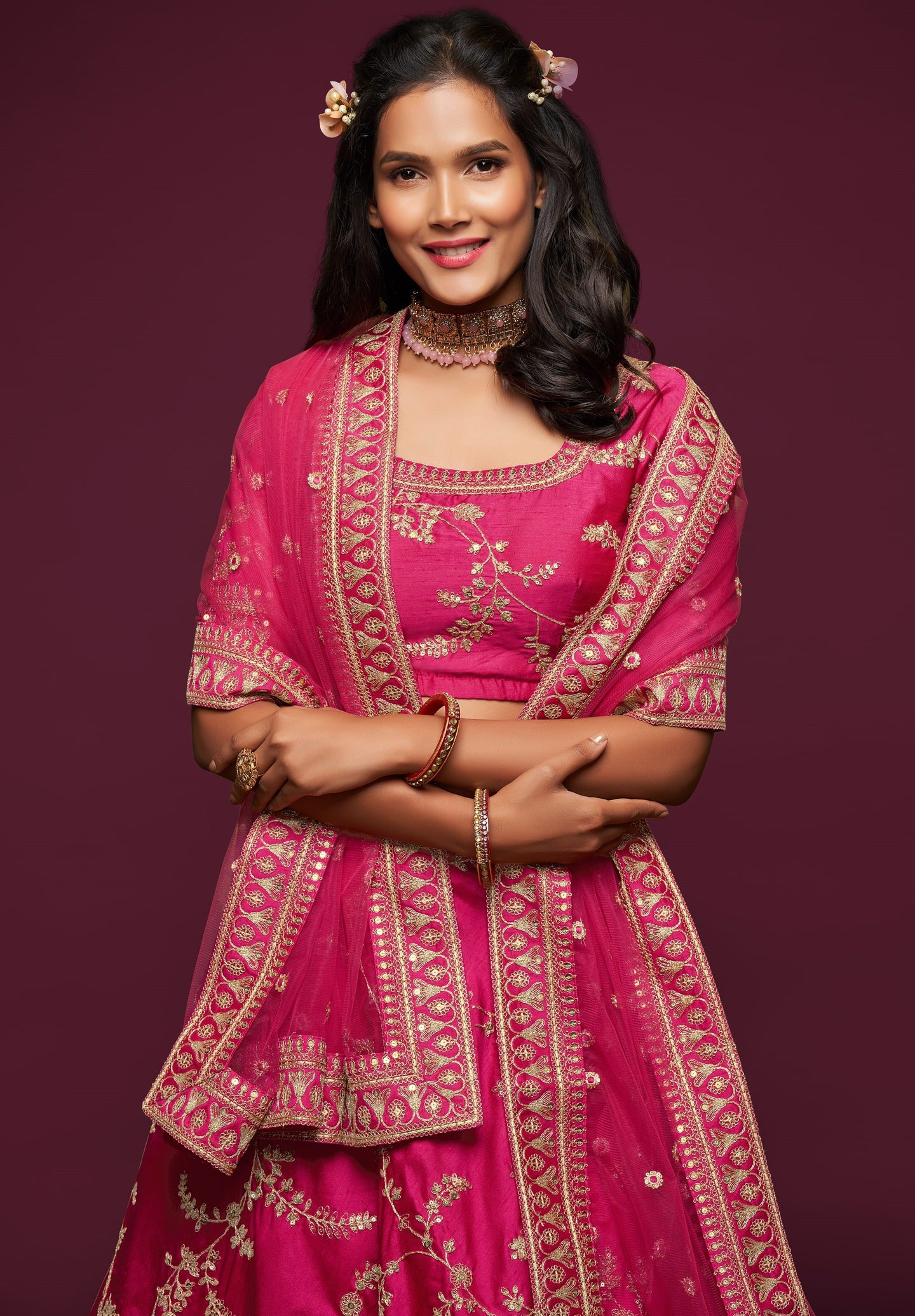 Embroidered Lehenga with Dark Pink Art Silk Dori Work