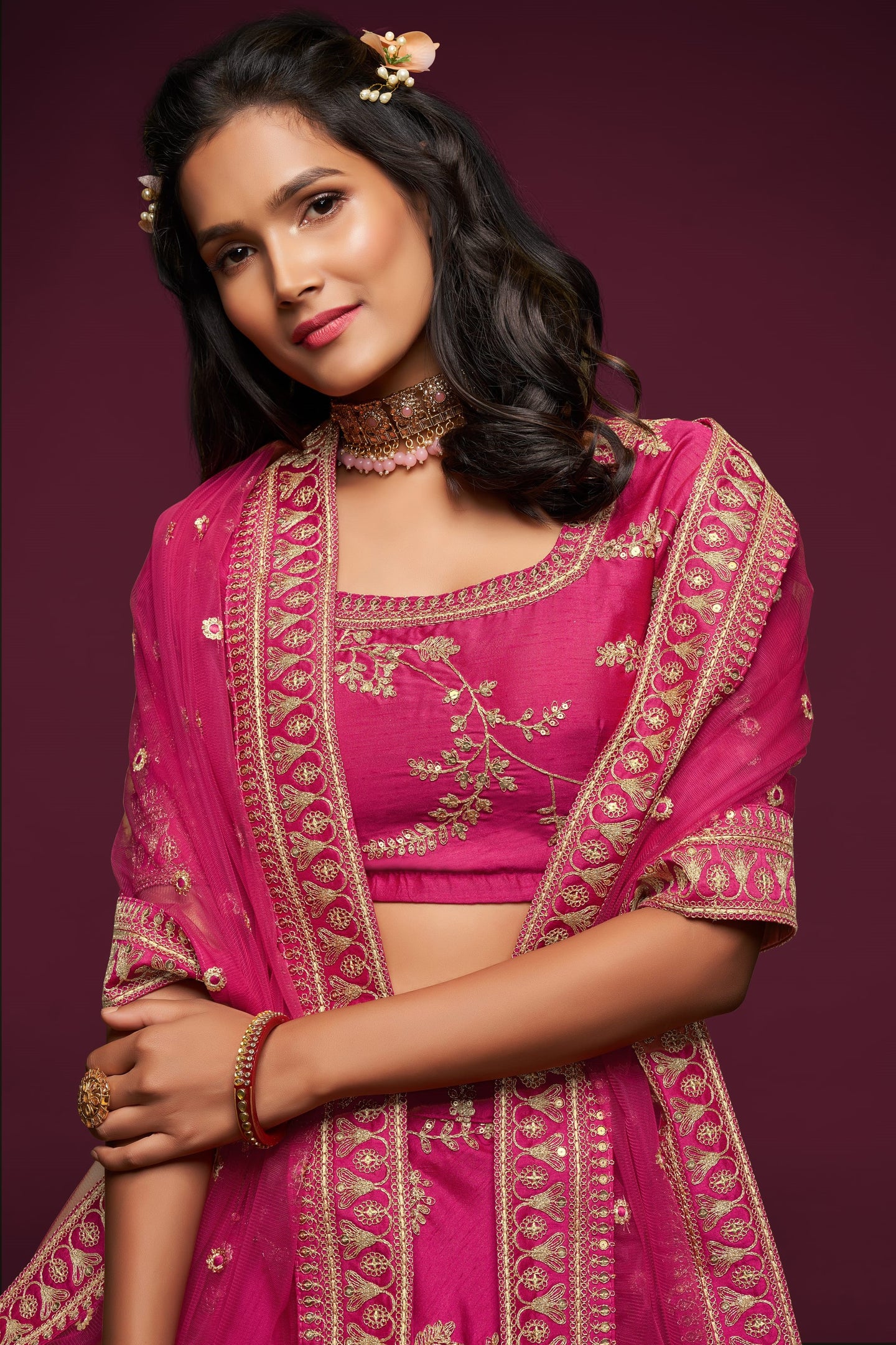 Embroidered Lehenga with Dark Pink Art Silk Dori Work
