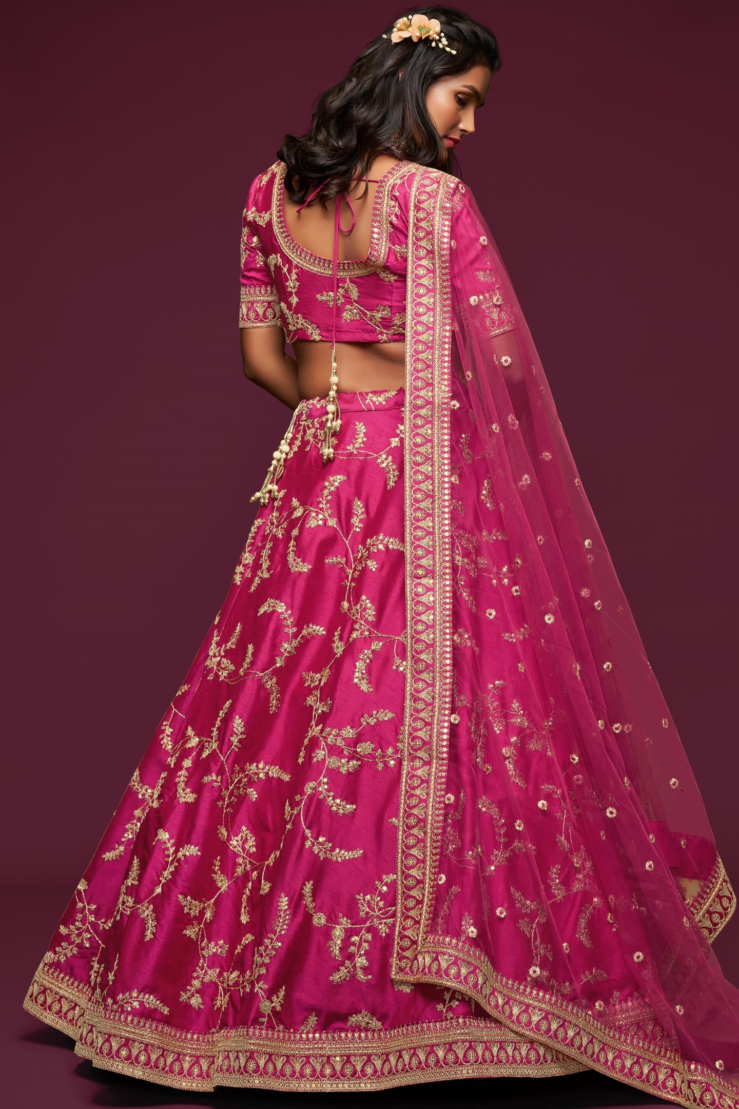 Embroidered Lehenga with Dark Pink Art Silk Dori Work