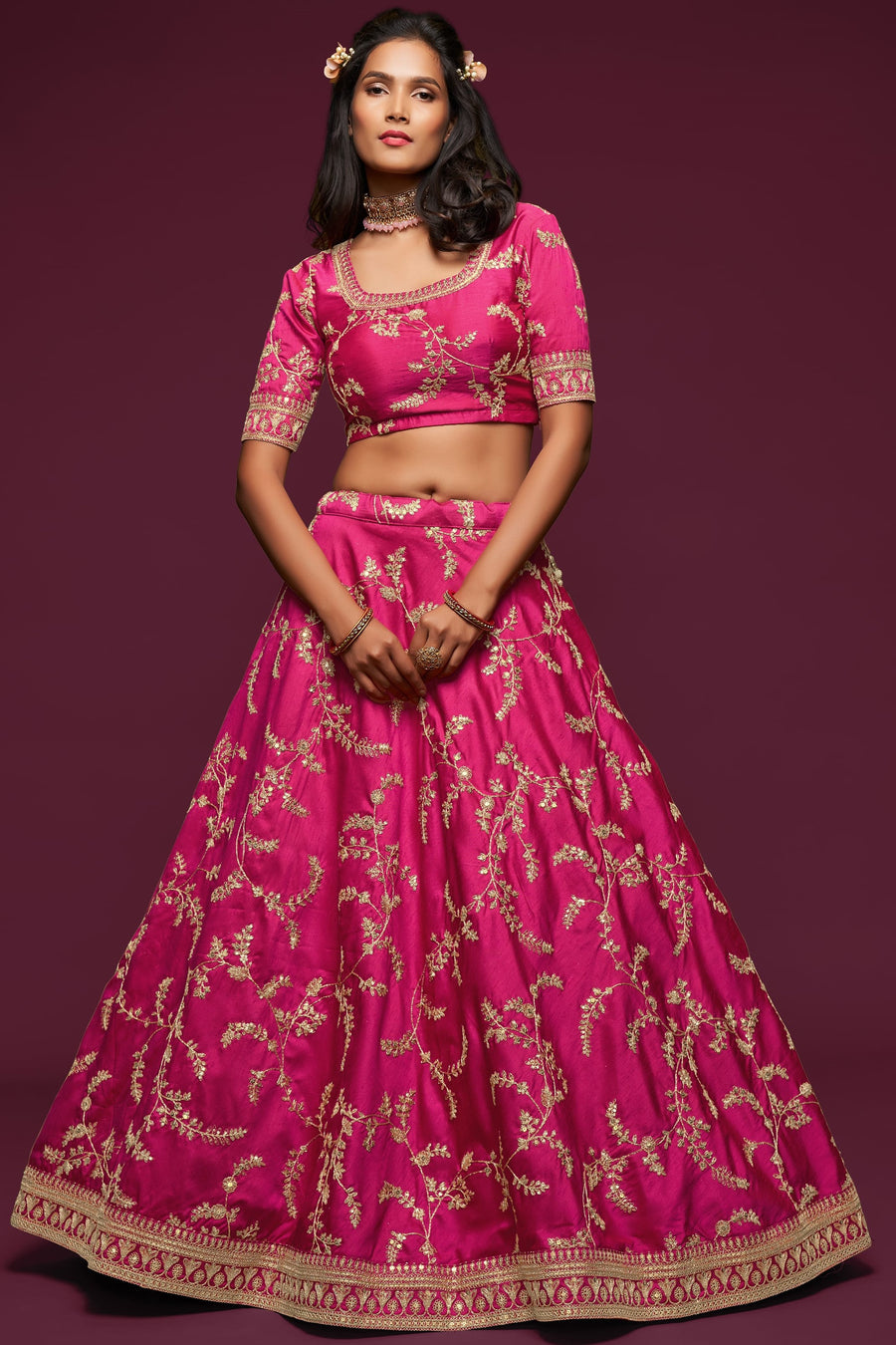 Embroidered Lehenga with Dark Pink Art Silk Dori Work