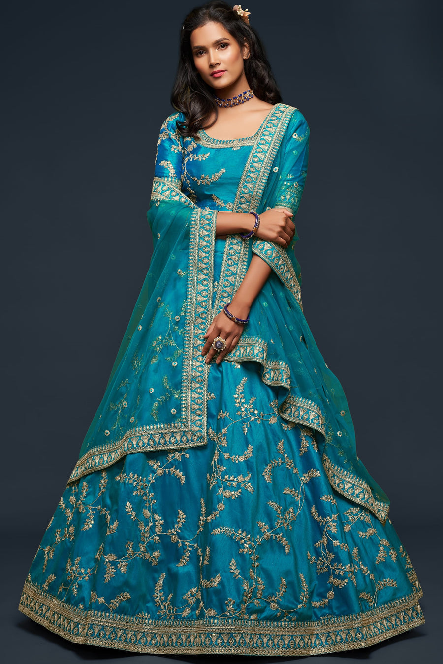 Firozi Embroidered Lehenga with Art Silk Choli Dori Zari Work