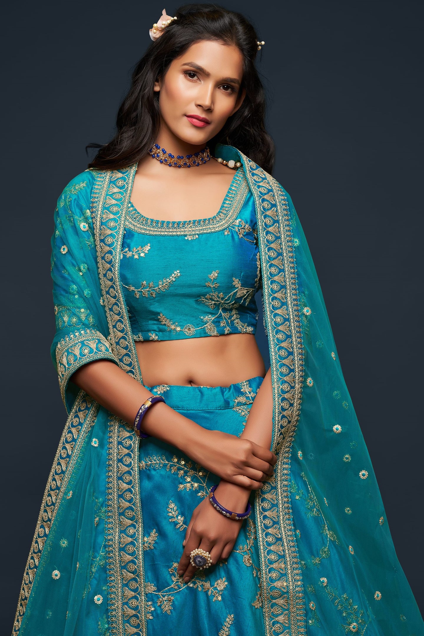 Firozi Embroidered Lehenga with Art Silk Choli Dori Zari Work