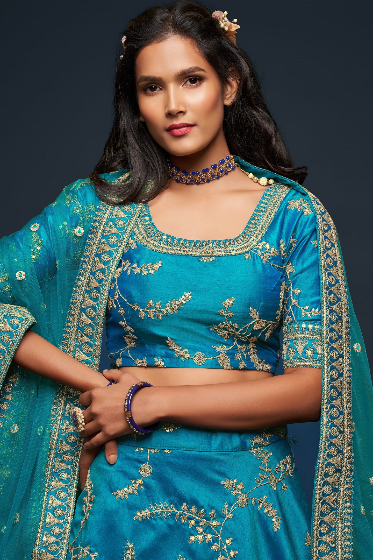 Firozi Embroidered Lehenga with Art Silk Choli Dori Zari Work