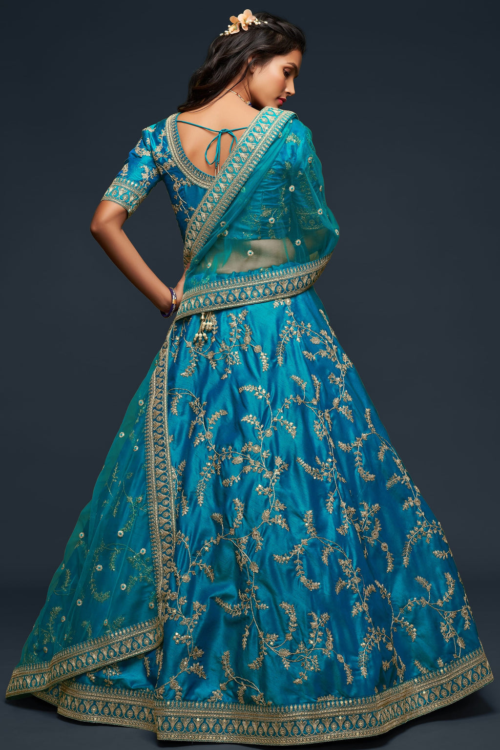 Firozi Embroidered Lehenga with Art Silk Choli Dori Zari Work