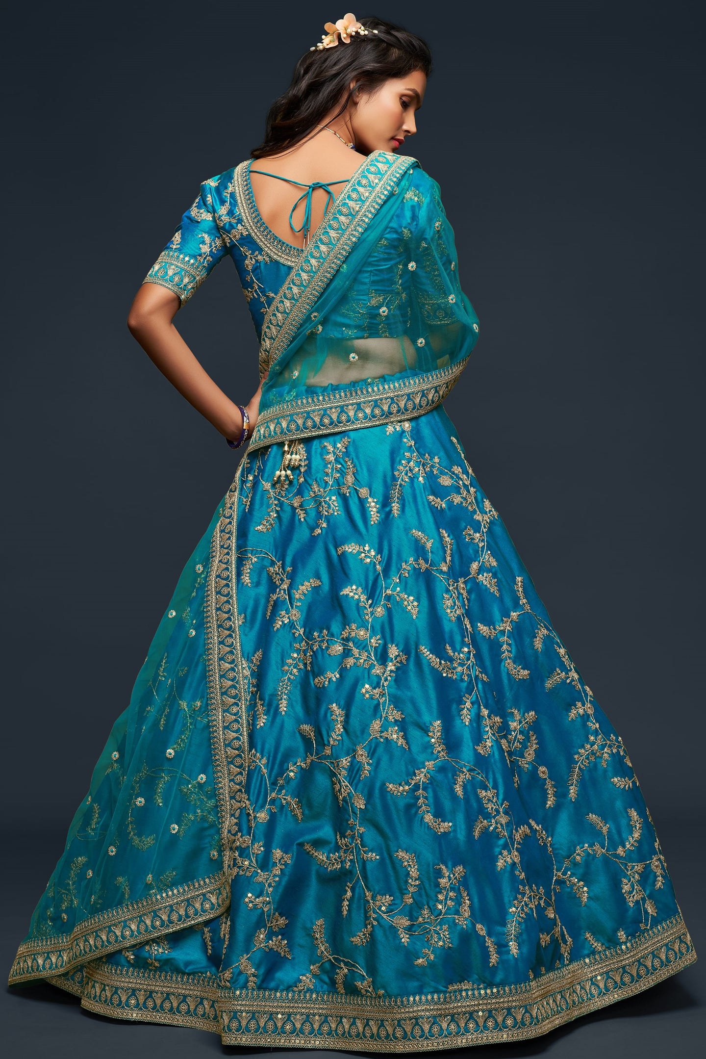 Firozi Embroidered Lehenga with Art Silk Choli Dori Zari Work