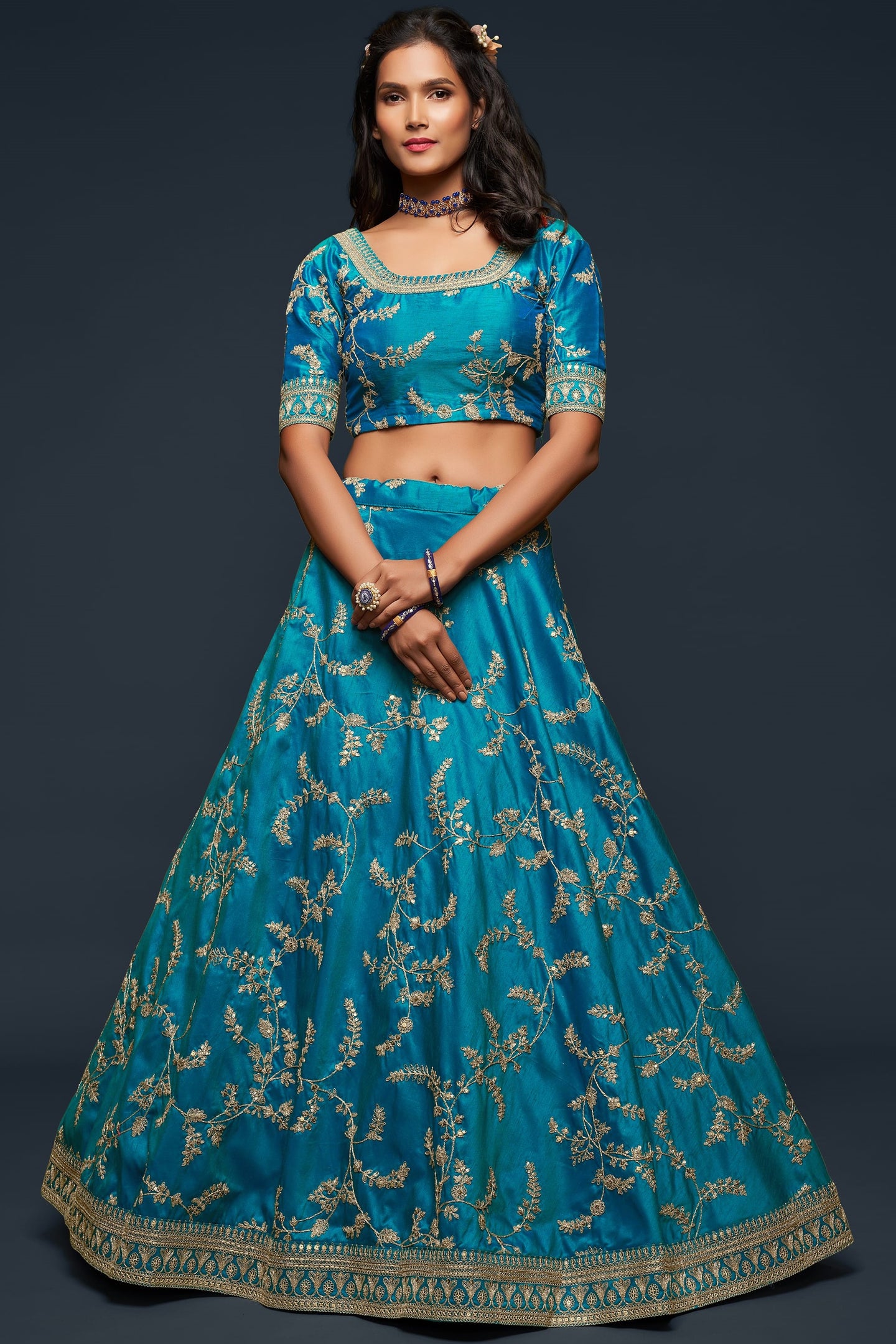 Firozi Embroidered Lehenga with Art Silk Choli Dori Zari Work