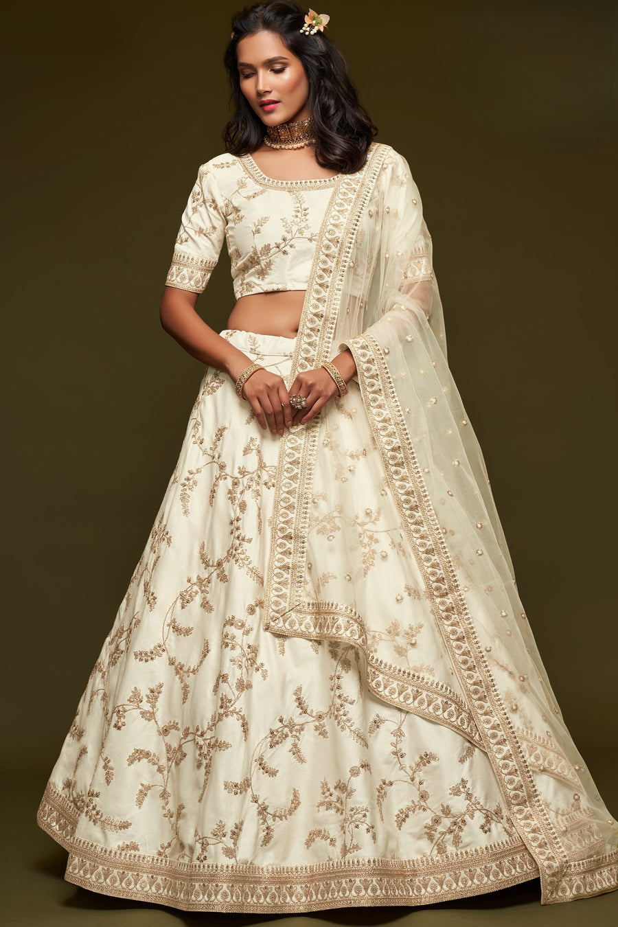 Embroidered Lehenga with Cream Art Silk Dori Zari Work