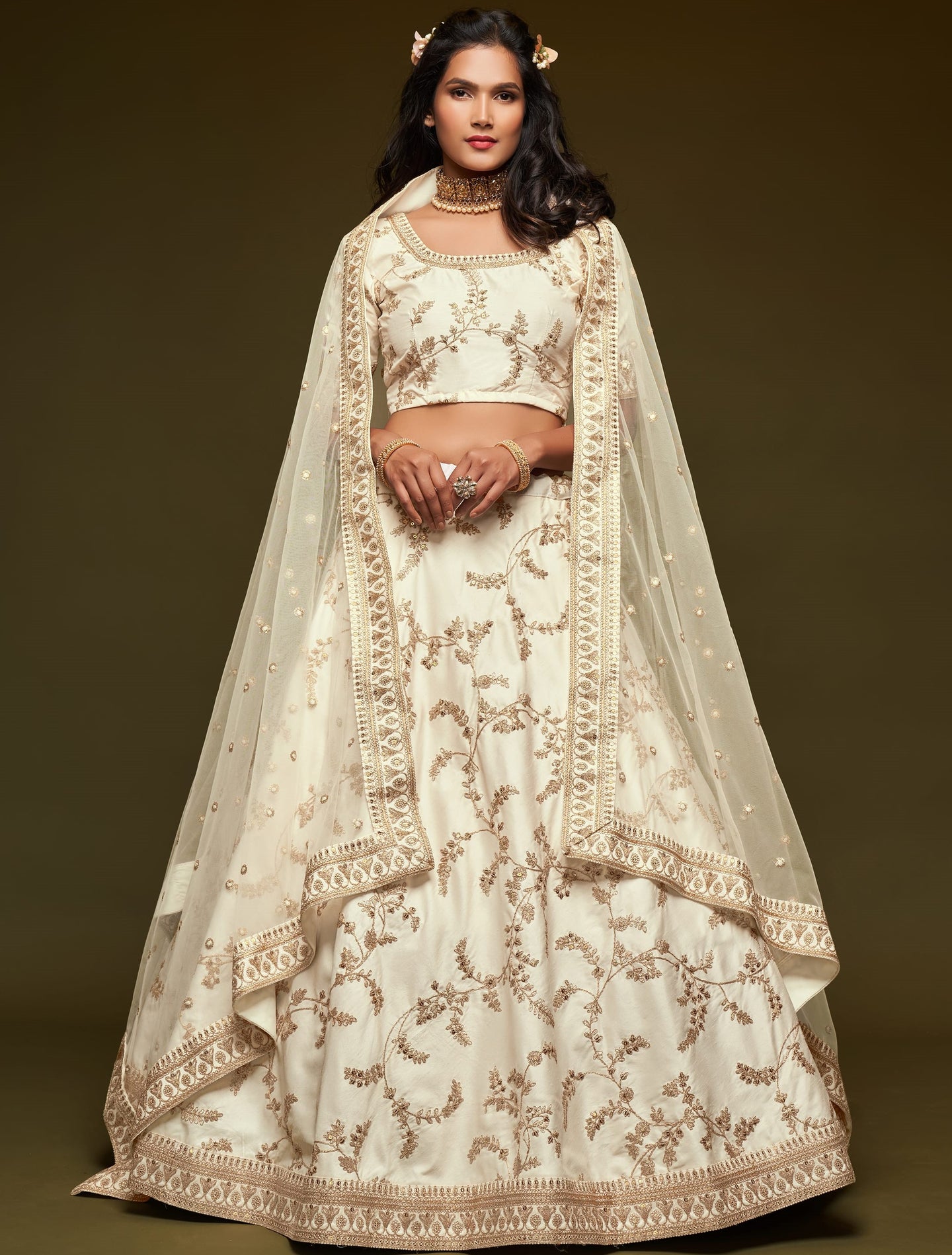 Embroidered Lehenga with Cream Art Silk Dori Zari Work