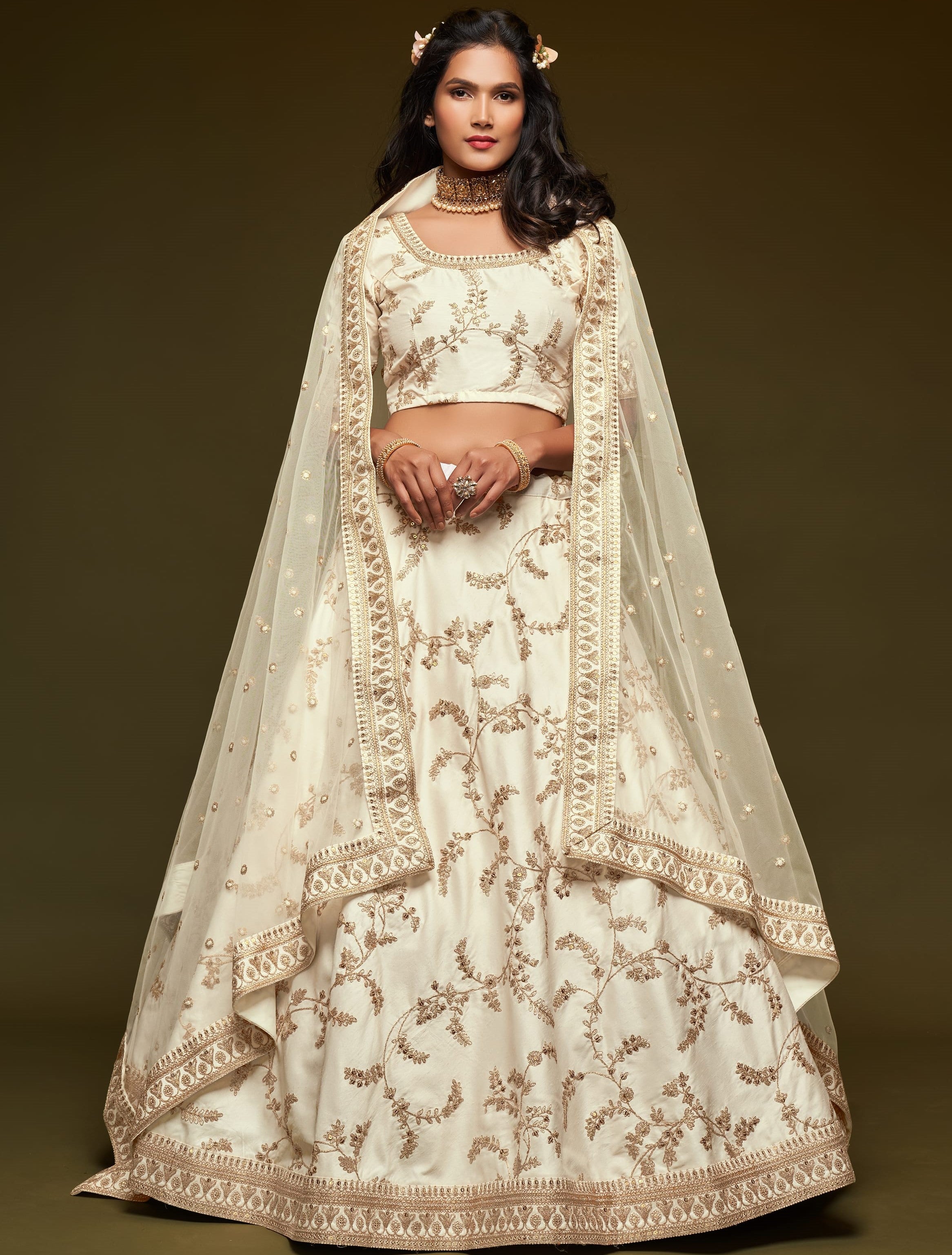 Embroidered Lehenga with Cream Art Silk Dori Zari Work