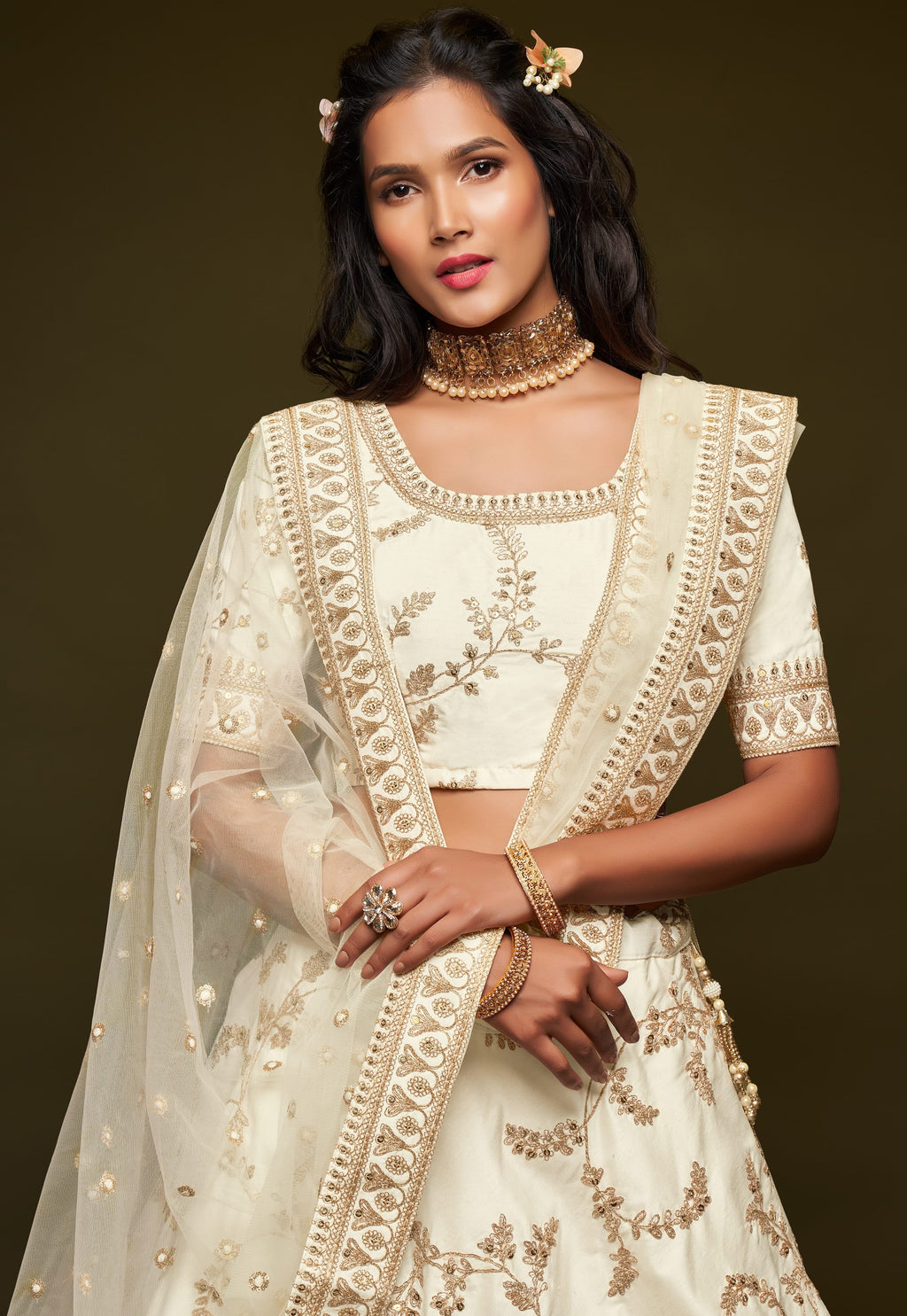 Embroidered Lehenga with Cream Art Silk Dori Zari Work