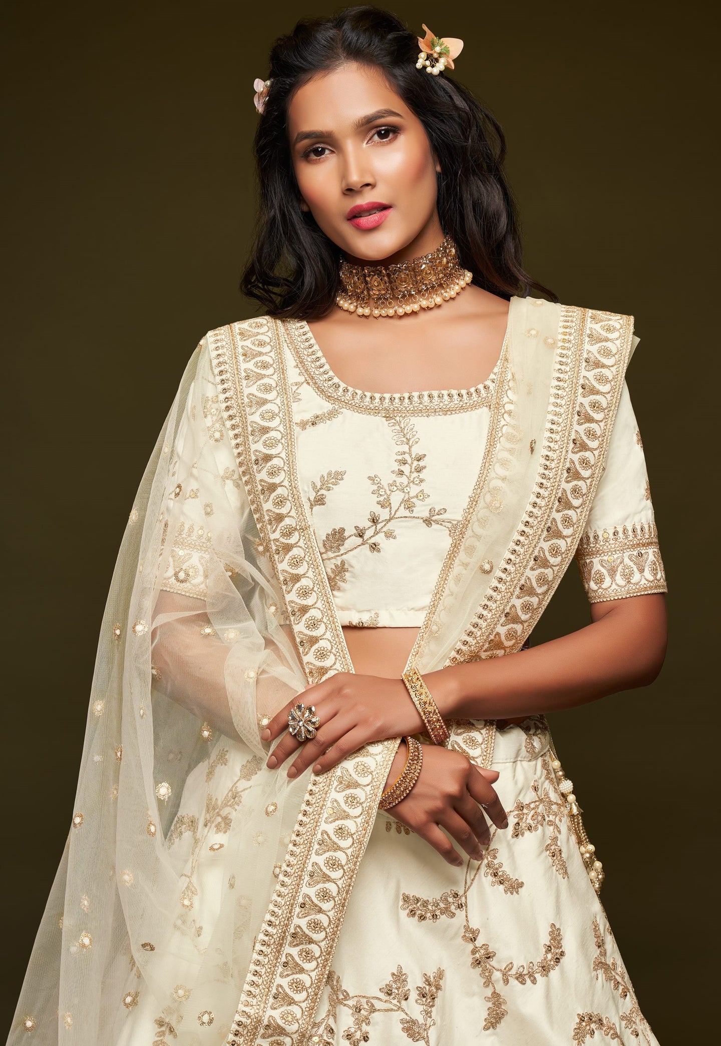 Embroidered Lehenga with Cream Art Silk Dori Zari Work