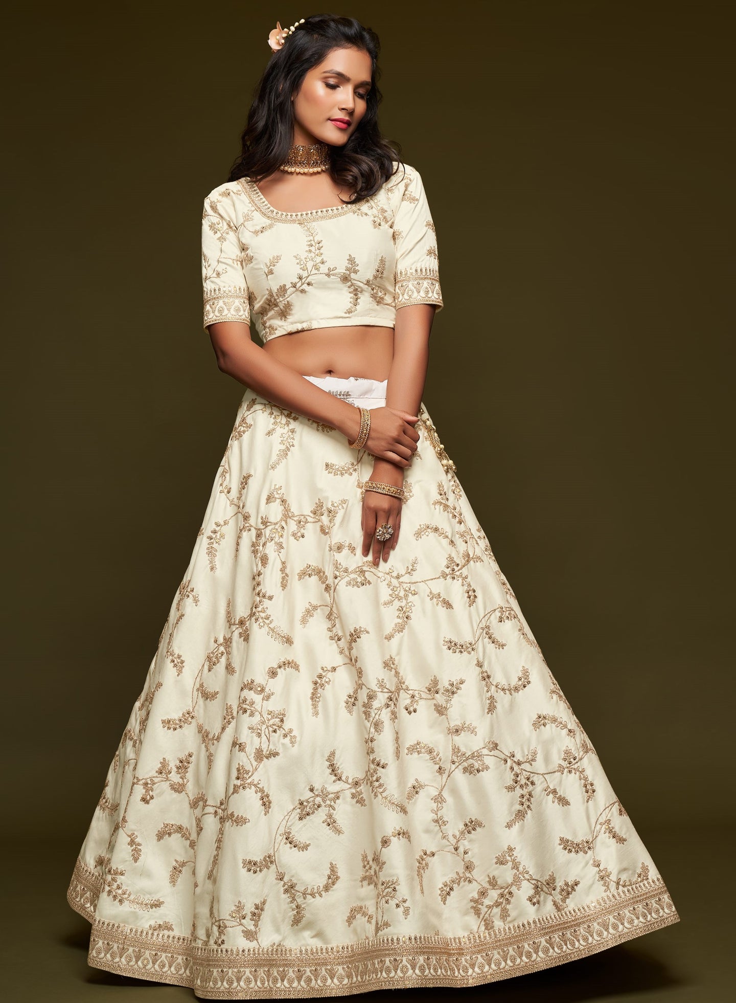 Embroidered Lehenga with Cream Art Silk Dori Zari Work