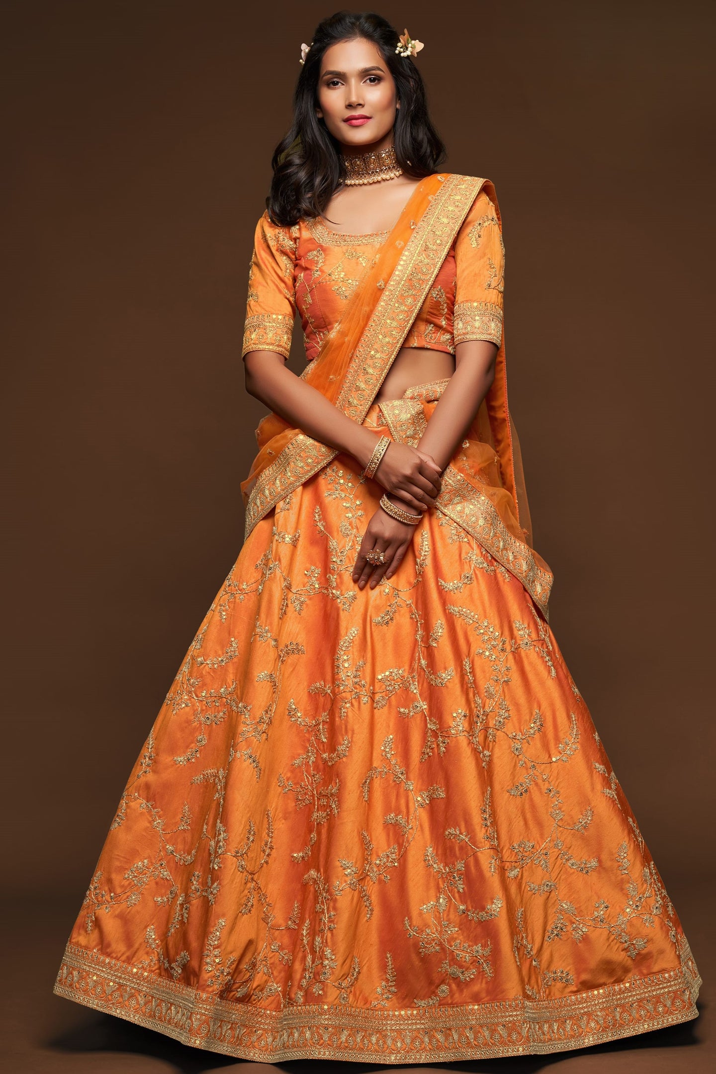 Embroidered Lehenga Orange Art Silk with Dori Zari and Sequins Work