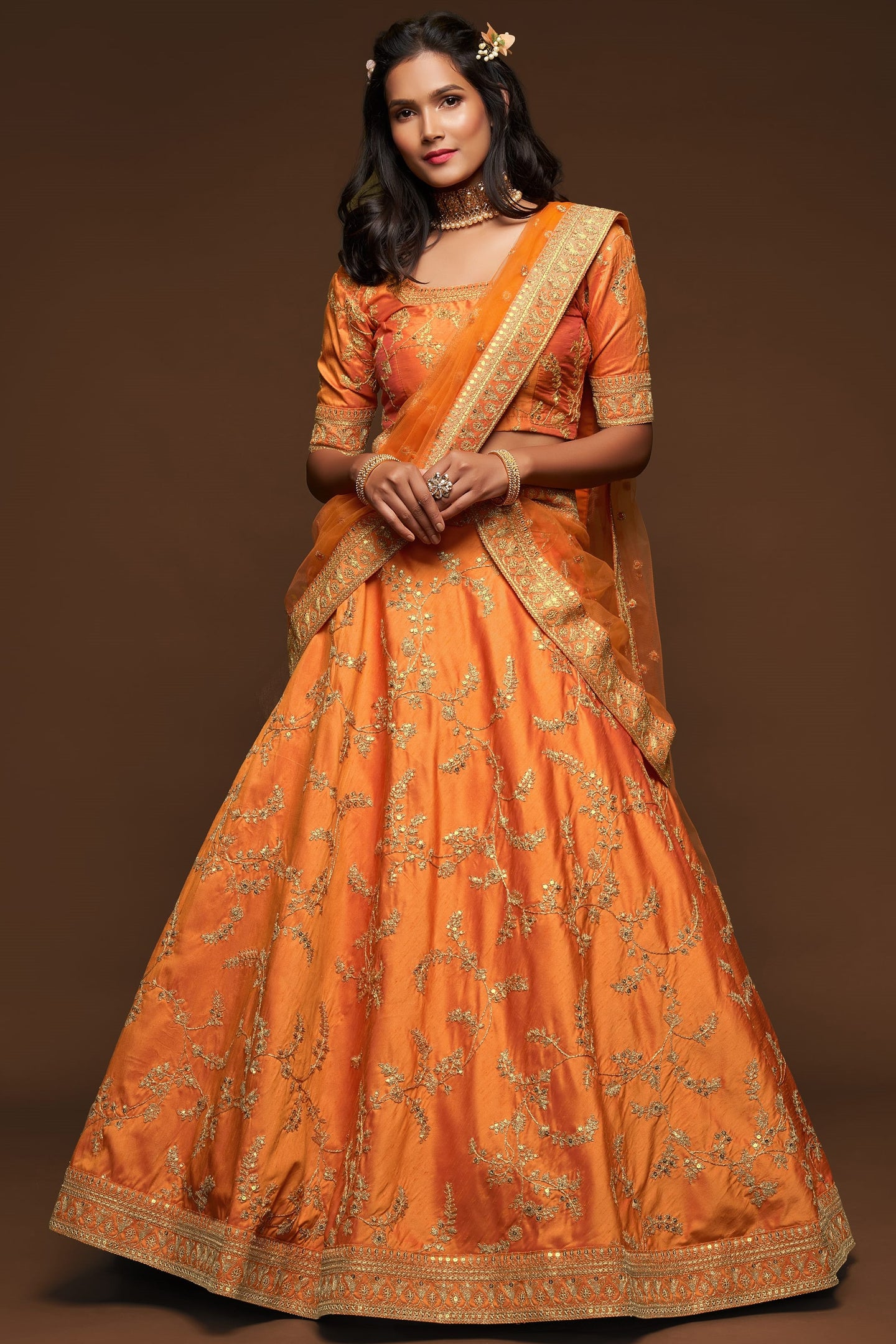 Embroidered Lehenga Orange Art Silk with Dori Zari and Sequins Work