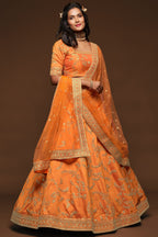 Embroidered Lehenga Orange Art Silk with Dori Zari and Sequins Work