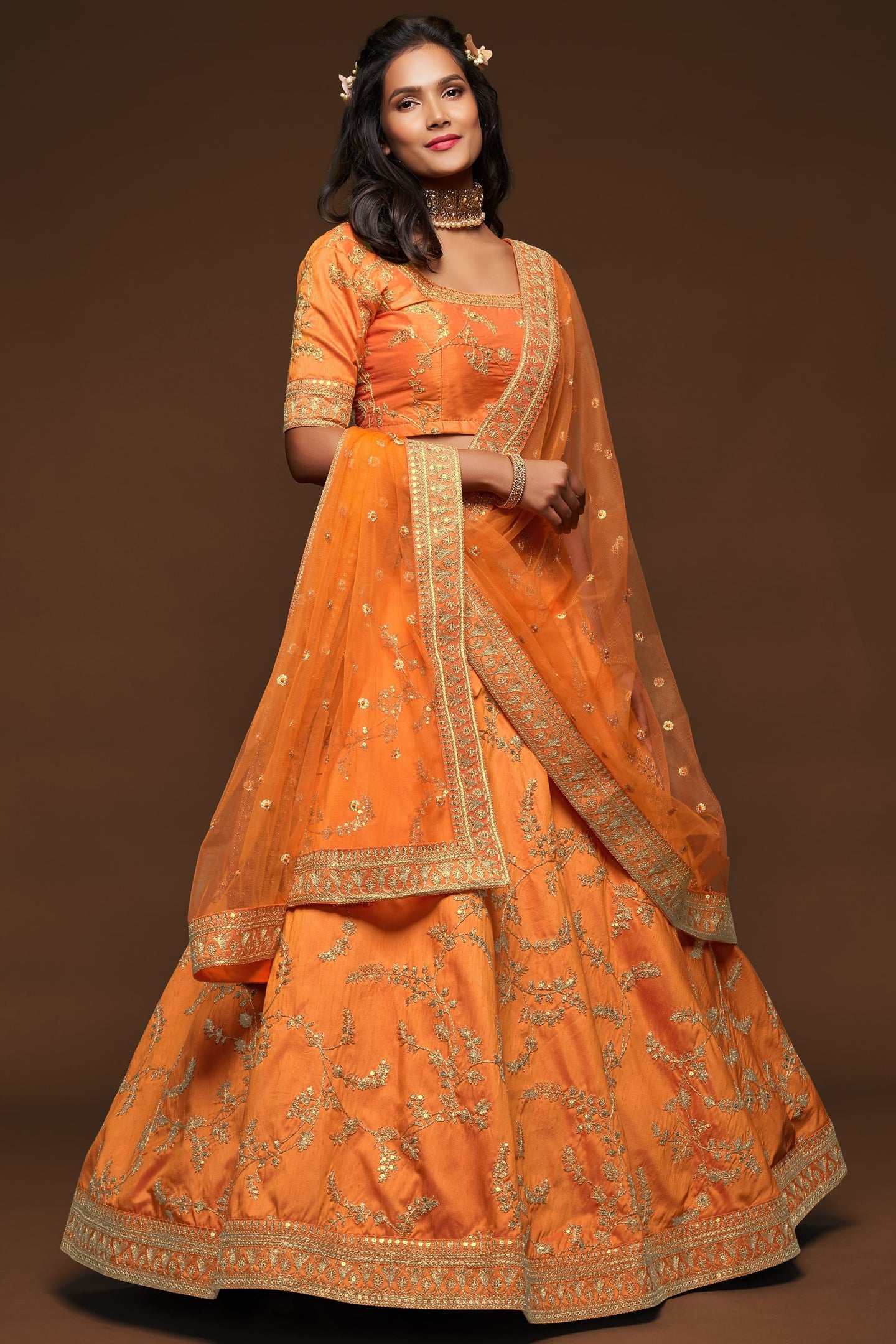 Embroidered Lehenga Orange Art Silk with Dori Zari and Sequins Work
