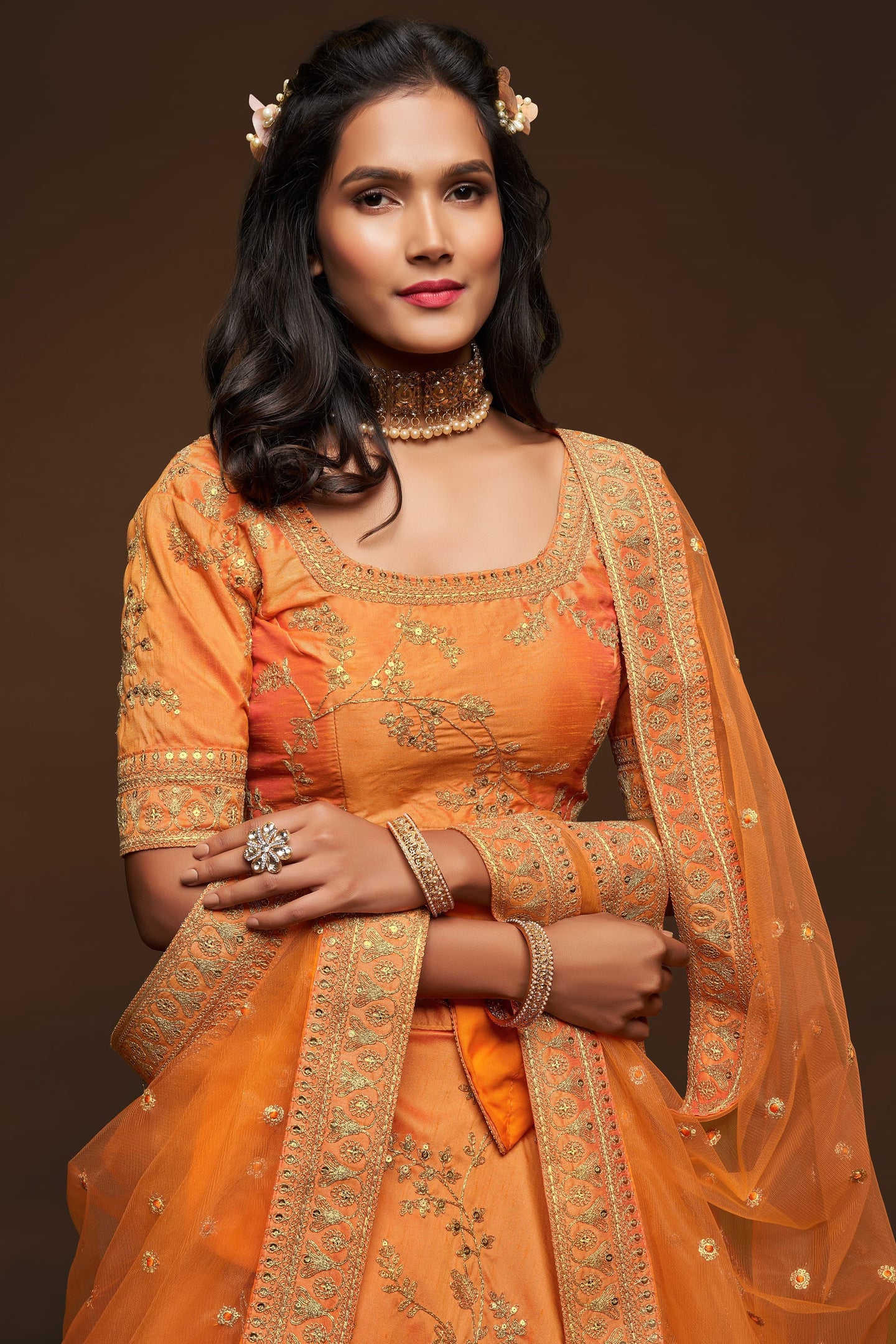 Embroidered Lehenga Orange Art Silk with Dori Zari and Sequins Work