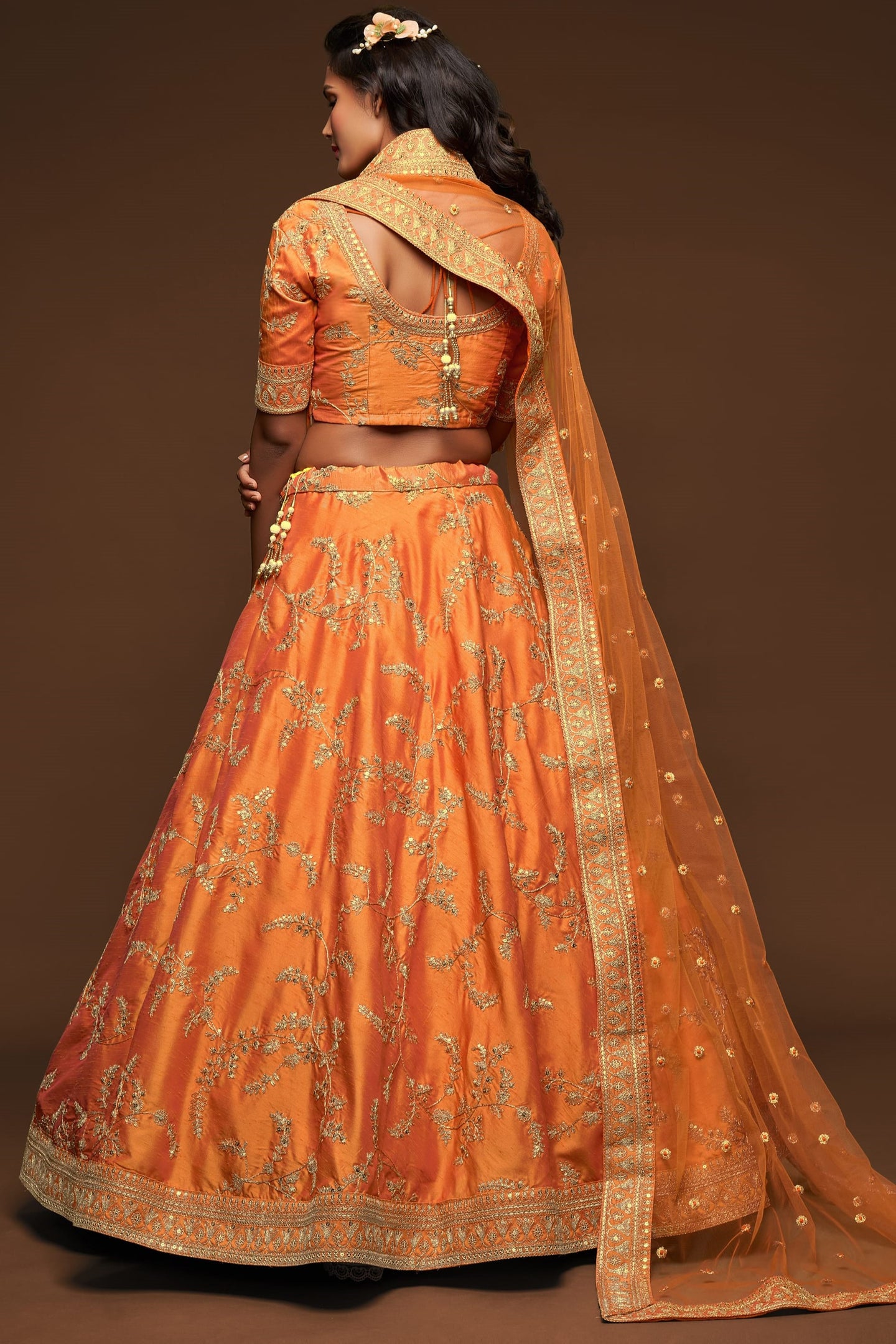 Embroidered Lehenga Orange Art Silk with Dori Zari and Sequins Work