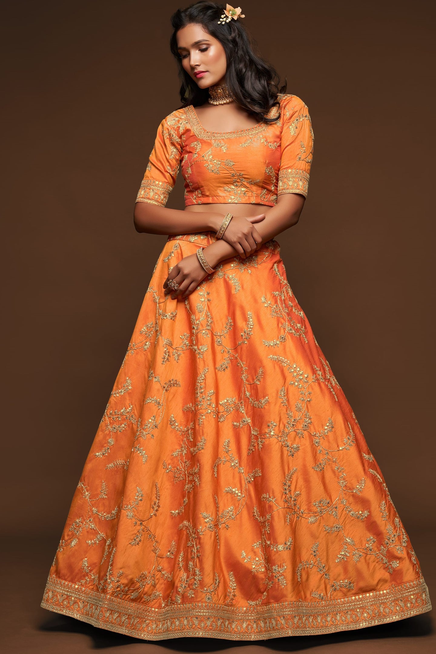 Embroidered Lehenga Orange Art Silk with Dori Zari and Sequins Work