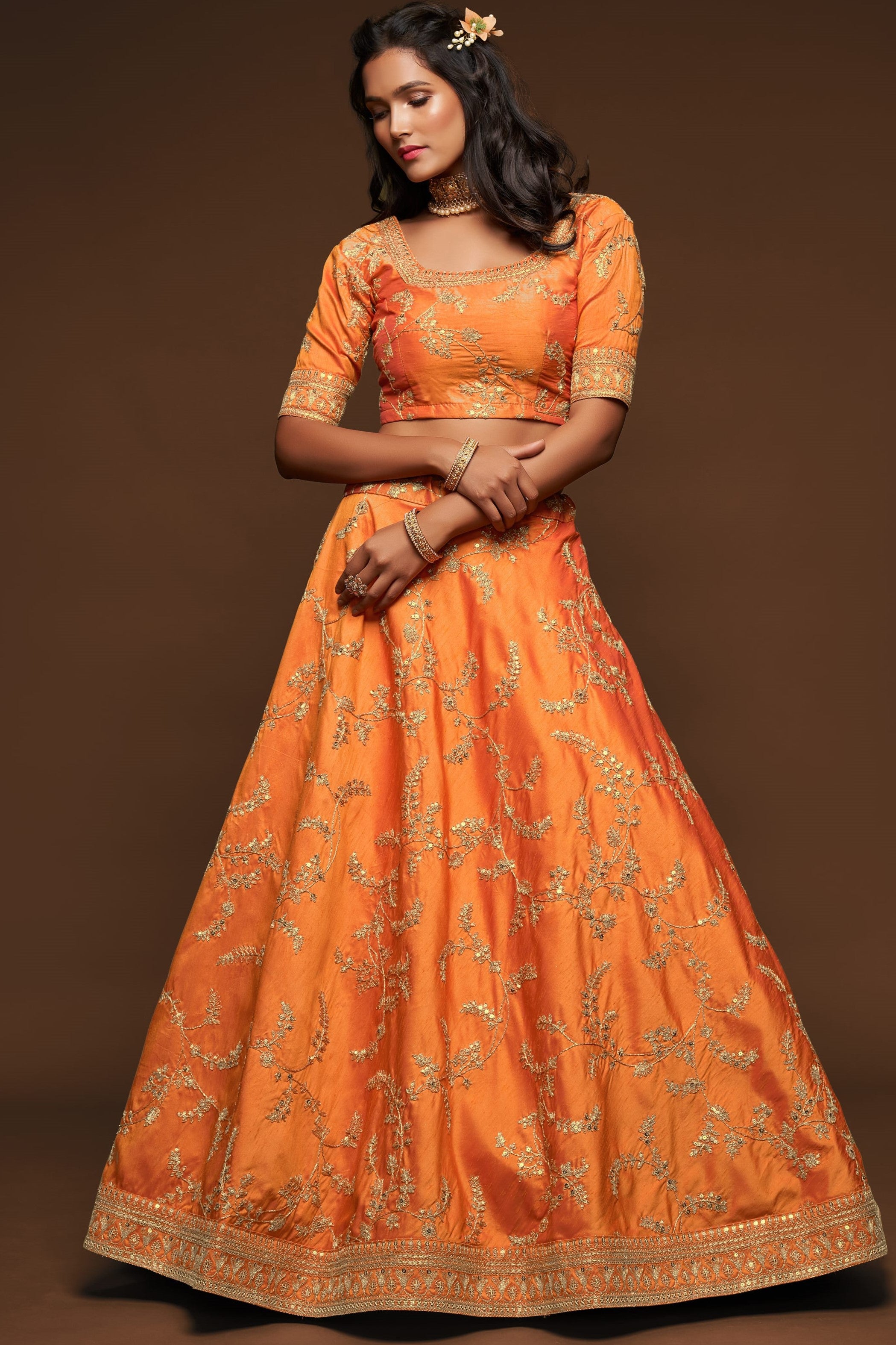Embroidered Lehenga Orange Art Silk with Dori Zari and Sequins Work