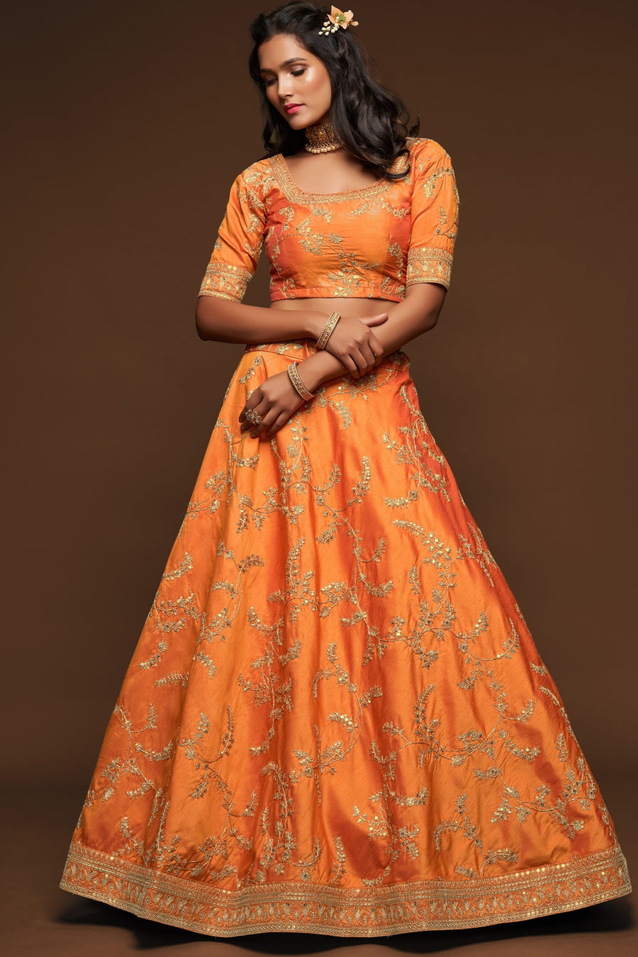 Embroidered Lehenga Orange Art Silk with Dori Zari and Sequins Work