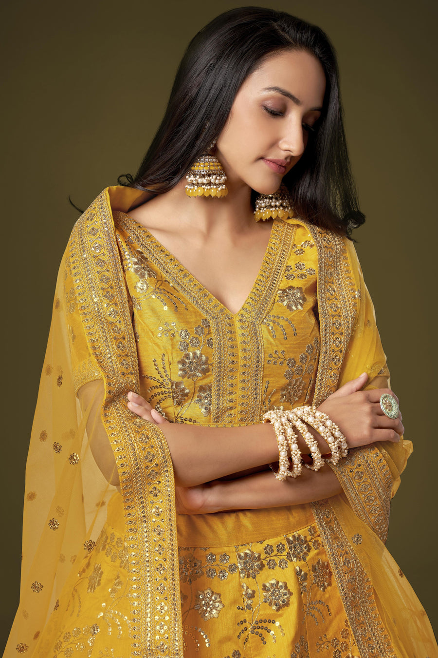 Mustard Yellow Slub Silk Lehenga Choli For Indian Festivals & Pakistani Weddings Dress - Sequence Embroidery Work, Zari Work