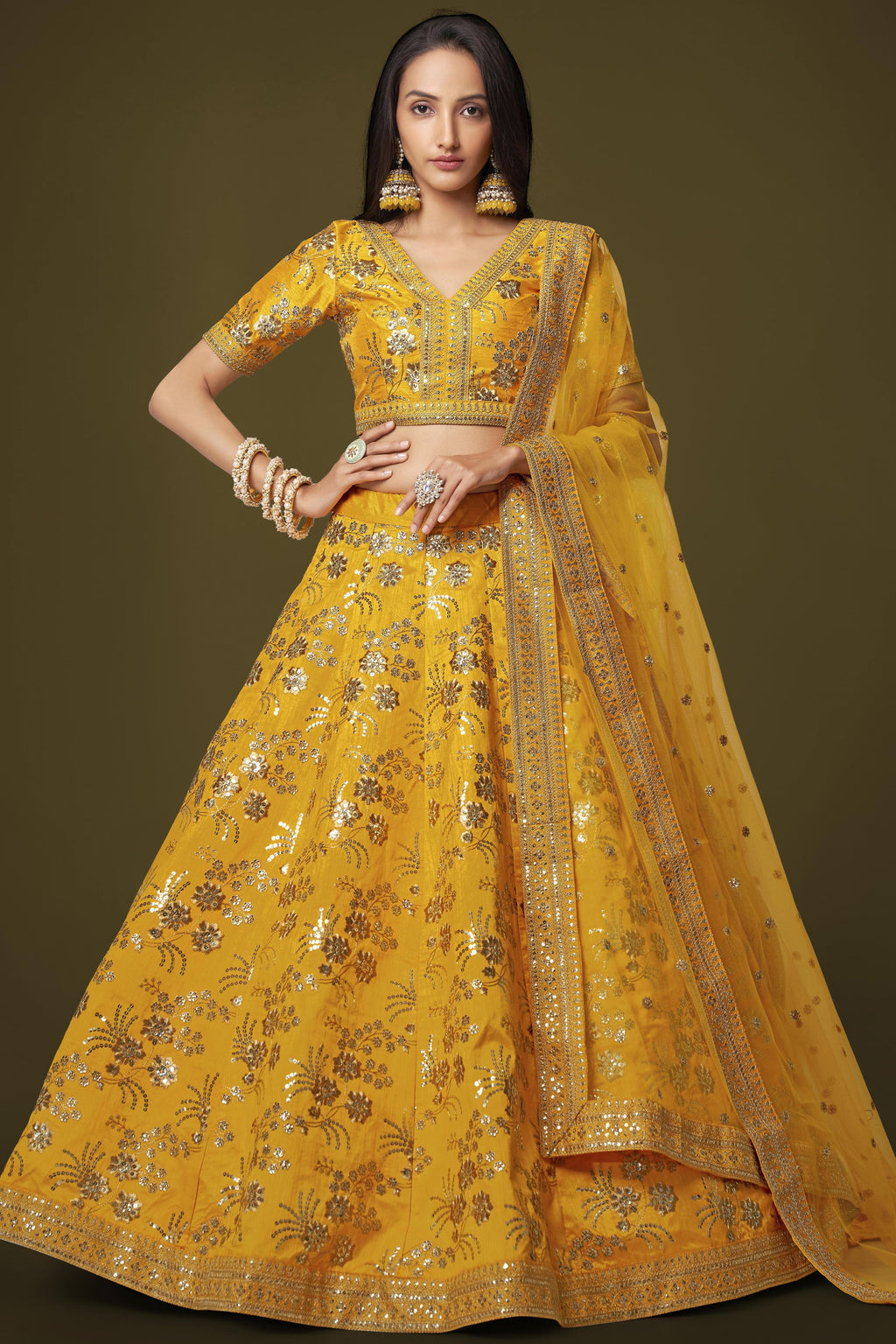Mustard Yellow Slub Silk Lehenga Choli For Indian Festivals & Pakistani Weddings Dress - Sequence Embroidery Work, Zari Work