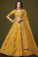Mustard Yellow Slub Silk Lehenga Choli For Indian Festivals & Pakistani Weddings Dress - Sequence Embroidery Work, Zari Work