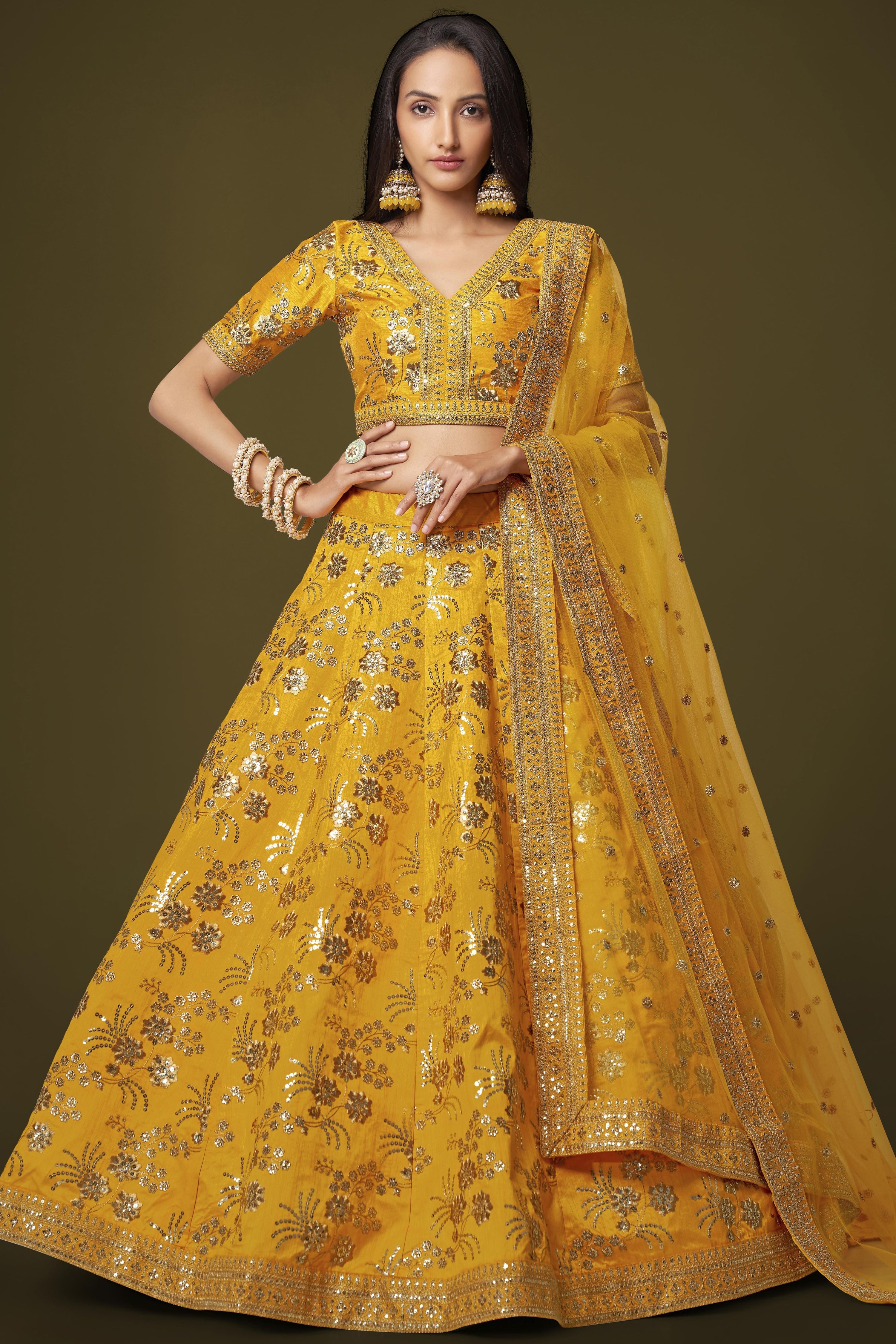 Mustard Yellow Slub Silk Lehenga Choli For Indian Festivals & Pakistani Weddings Dress - Sequence Embroidery Work, Zari Work