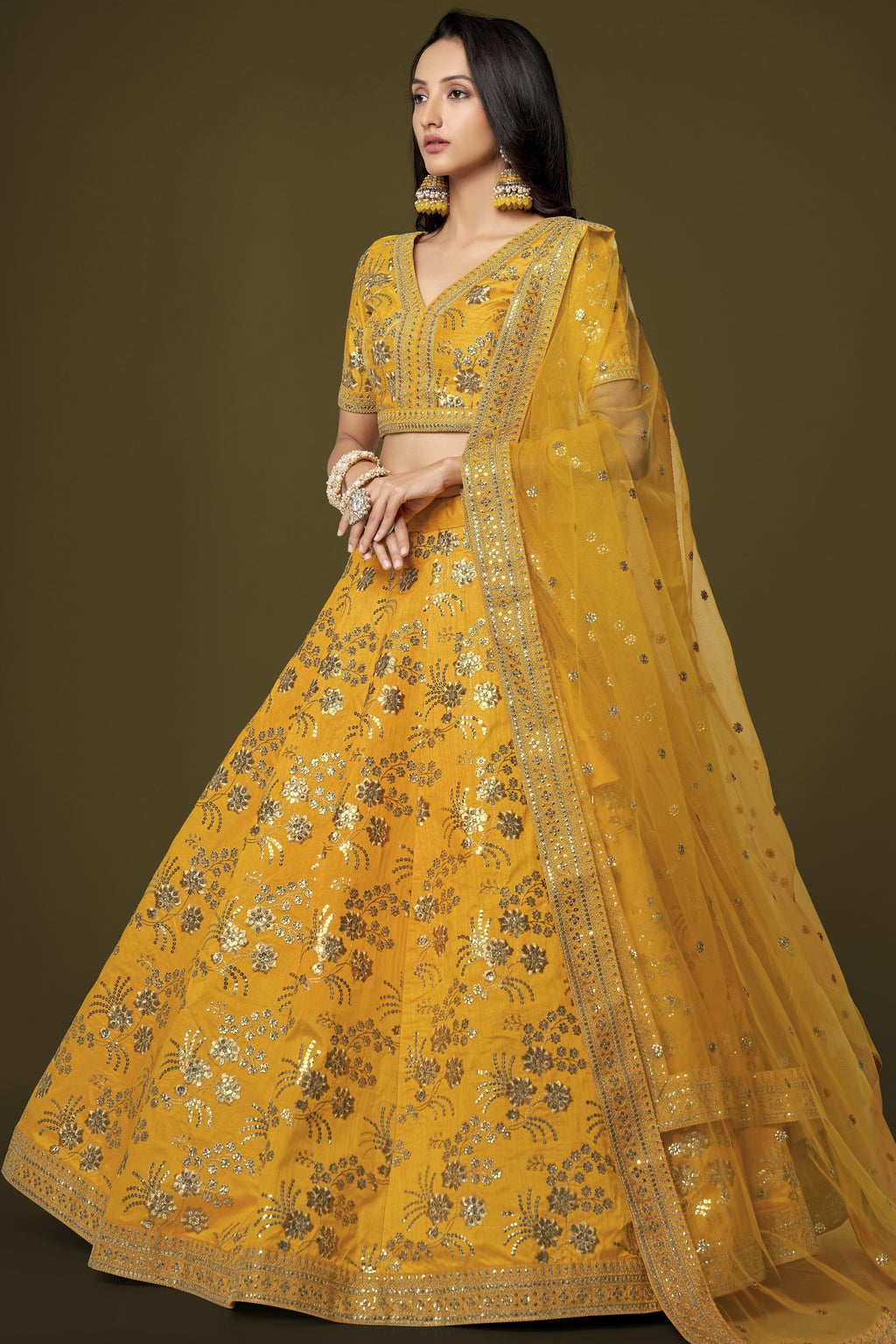 Mustard Yellow Slub Silk Lehenga Choli For Indian Festivals & Pakistani Weddings Dress - Sequence Embroidery Work, Zari Work
