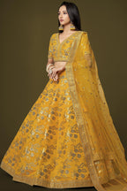 Mustard Yellow Slub Silk Lehenga Choli For Indian Festivals & Pakistani Weddings Dress - Sequence Embroidery Work, Zari Work