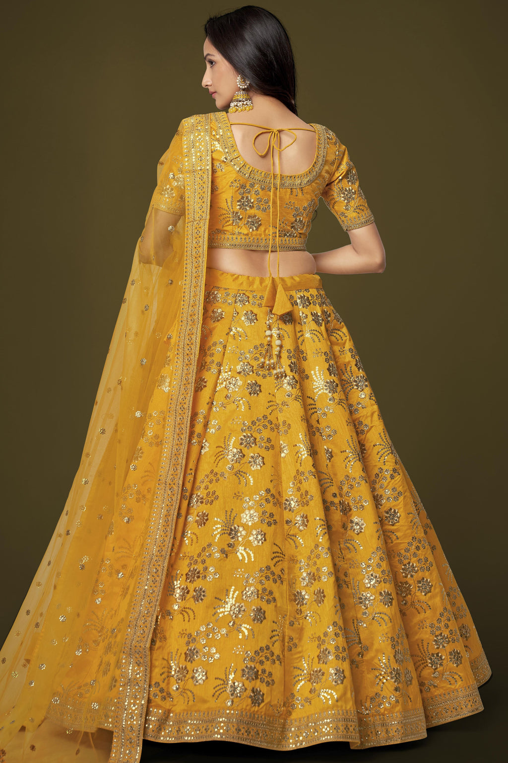 Mustard Yellow Slub Silk Lehenga Choli For Indian Festivals & Pakistani Weddings Dress - Sequence Embroidery Work, Zari Work