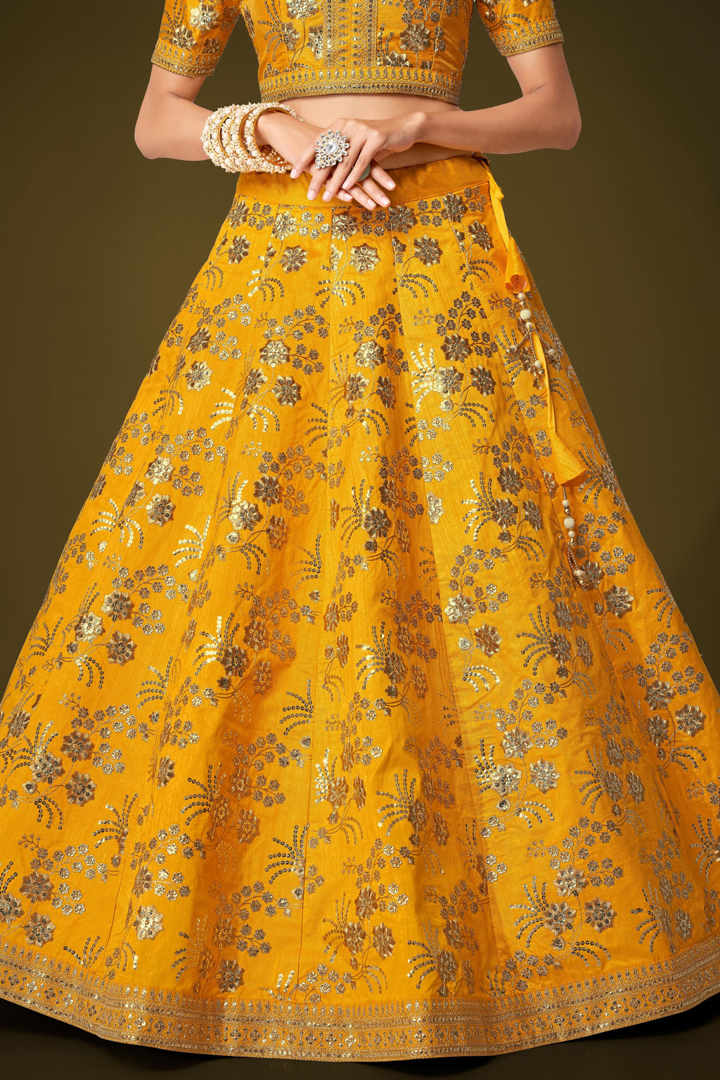 Mustard Yellow Slub Silk Lehenga Choli For Indian Festivals & Pakistani Weddings Dress - Sequence Embroidery Work, Zari Work