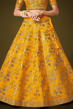 Mustard Yellow Slub Silk Lehenga Choli For Indian Festivals & Pakistani Weddings Dress - Sequence Embroidery Work, Zari Work