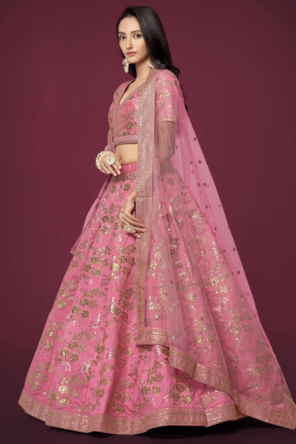 Pink Slub Silk Lehenga Choli For Indian Festivals & Pakistani Weddings Dress - Sequence Embroidery Work, Zari Work