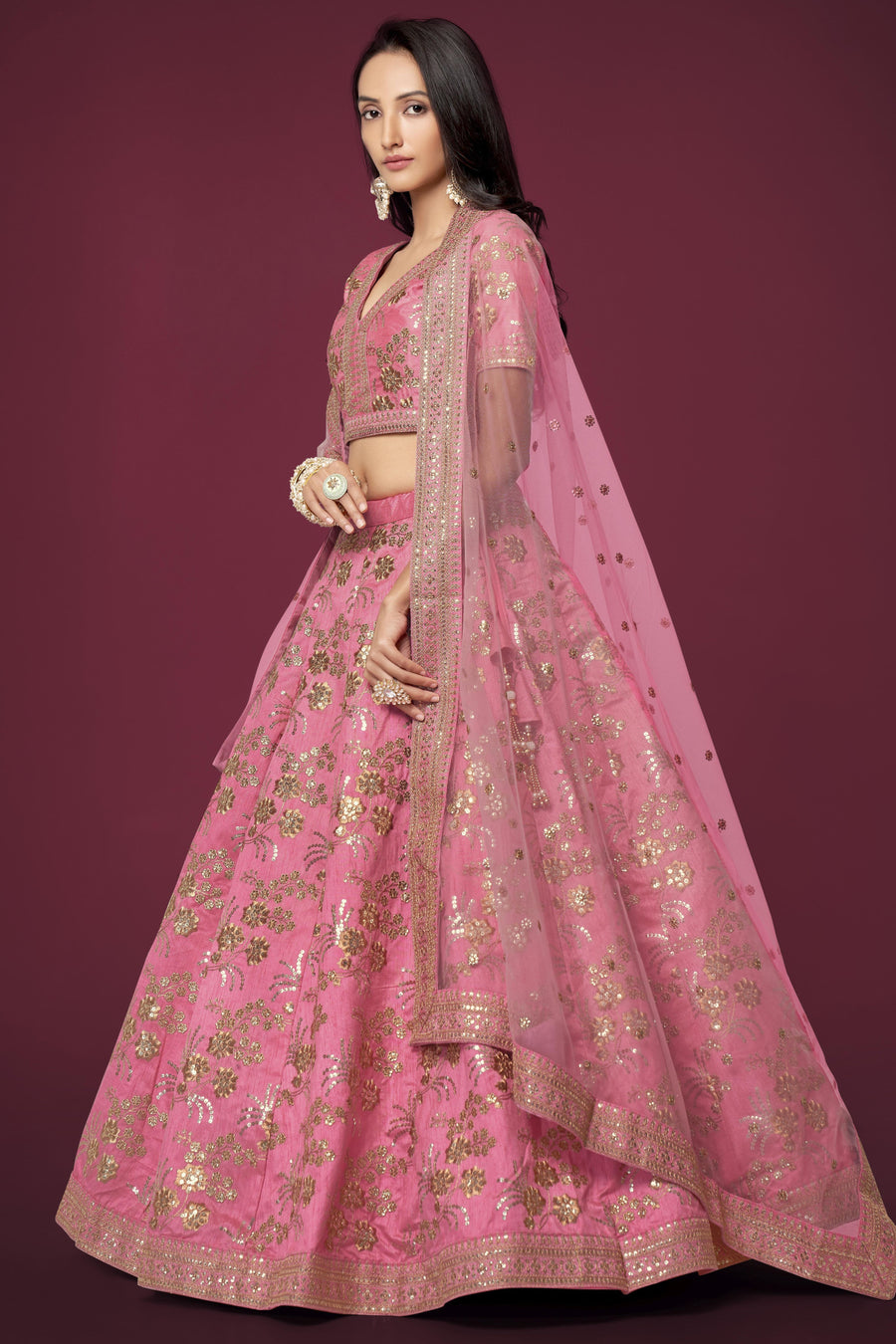 Pink Slub Silk Lehenga Choli For Indian Festivals & Pakistani Weddings Dress - Sequence Embroidery Work, Zari Work