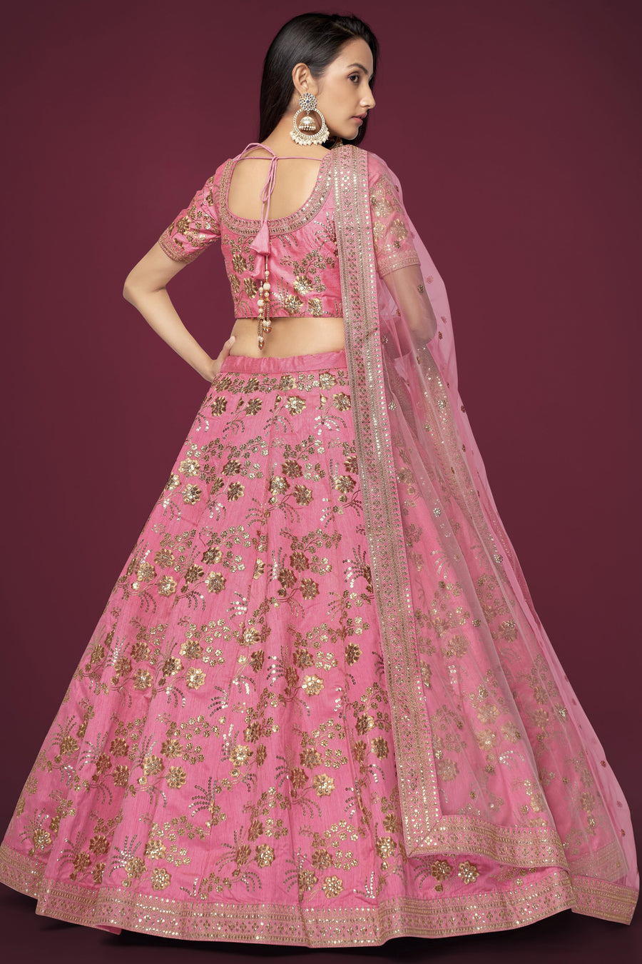 Pink Slub Silk Lehenga Choli For Indian Festivals & Pakistani Weddings Dress - Sequence Embroidery Work, Zari Work