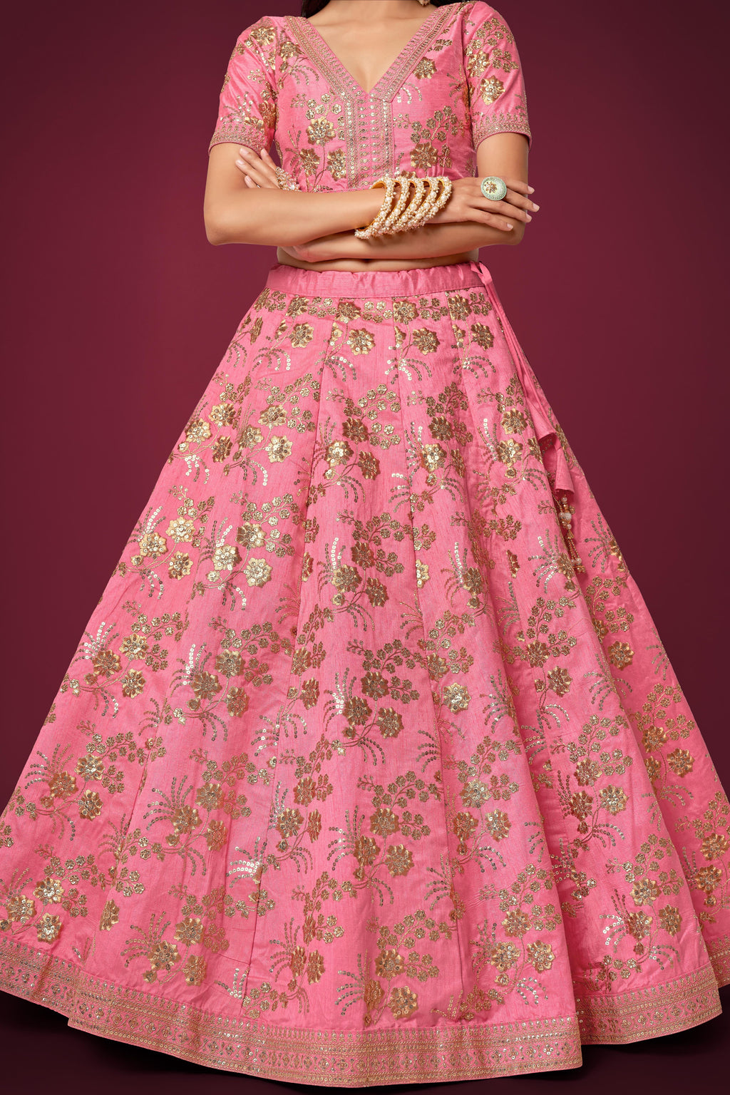 Pink Slub Silk Lehenga Choli For Indian Festivals & Pakistani Weddings Dress - Sequence Embroidery Work, Zari Work