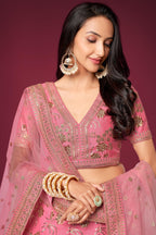 Pink Slub Silk Lehenga Choli For Indian Festivals & Pakistani Weddings Dress - Sequence Embroidery Work, Zari Work