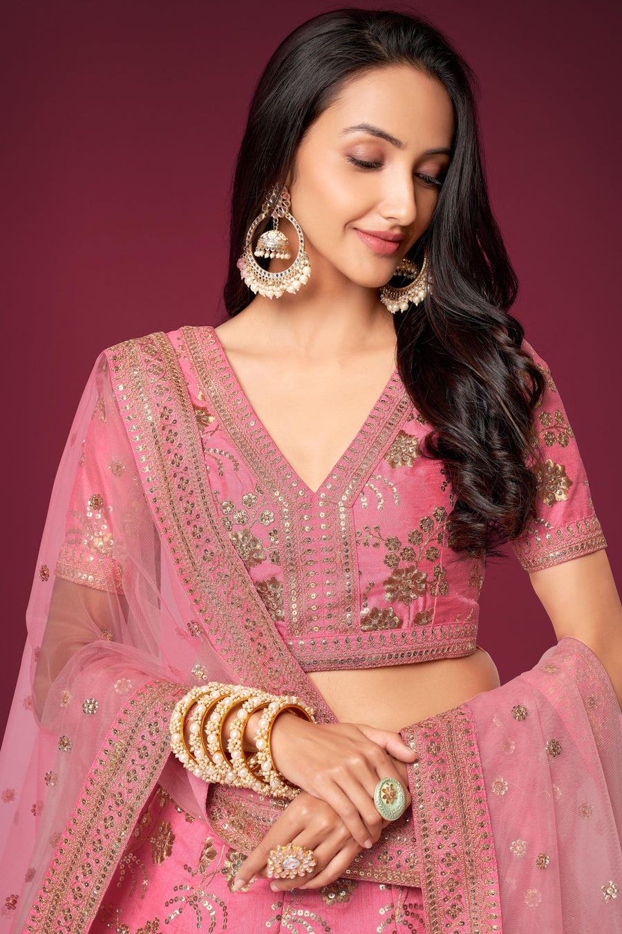 Pink Slub Silk Lehenga Choli For Indian Festivals & Pakistani Weddings Dress - Sequence Embroidery Work, Zari Work