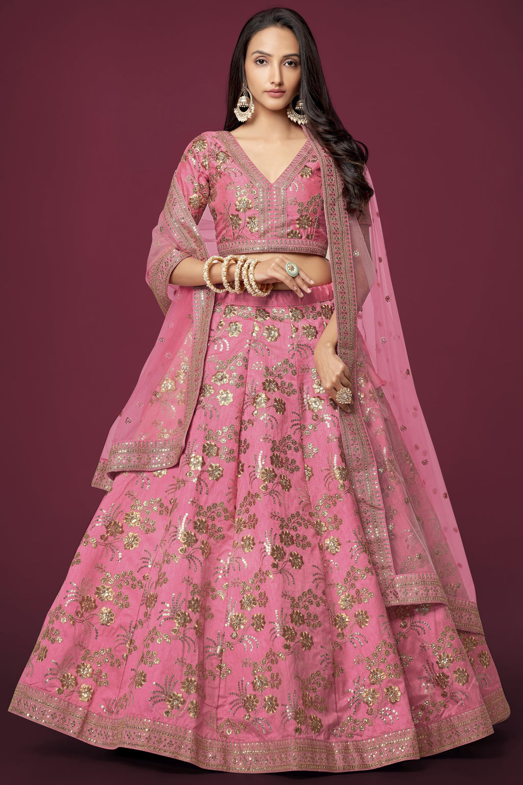 Pink Slub Silk Lehenga Choli For Indian Festivals & Pakistani Weddings Dress - Sequence Embroidery Work, Zari Work