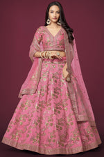 Pink Slub Silk Lehenga Choli For Indian Festivals & Pakistani Weddings Dress - Sequence Embroidery Work, Zari Work