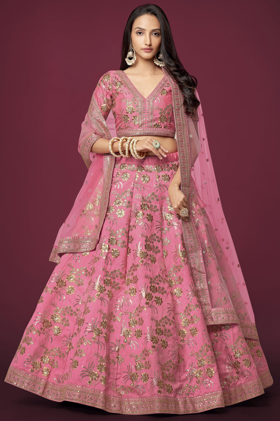 Pink Slub Silk Lehenga Choli For Indian Festivals & Pakistani Weddings Dress - Sequence Embroidery Work, Zari Work
