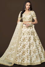 White Slub Silk Lehenga Choli For Indian Festivals & Pakistani Weddings Dress - Sequence Embroidery Work, Zari Work