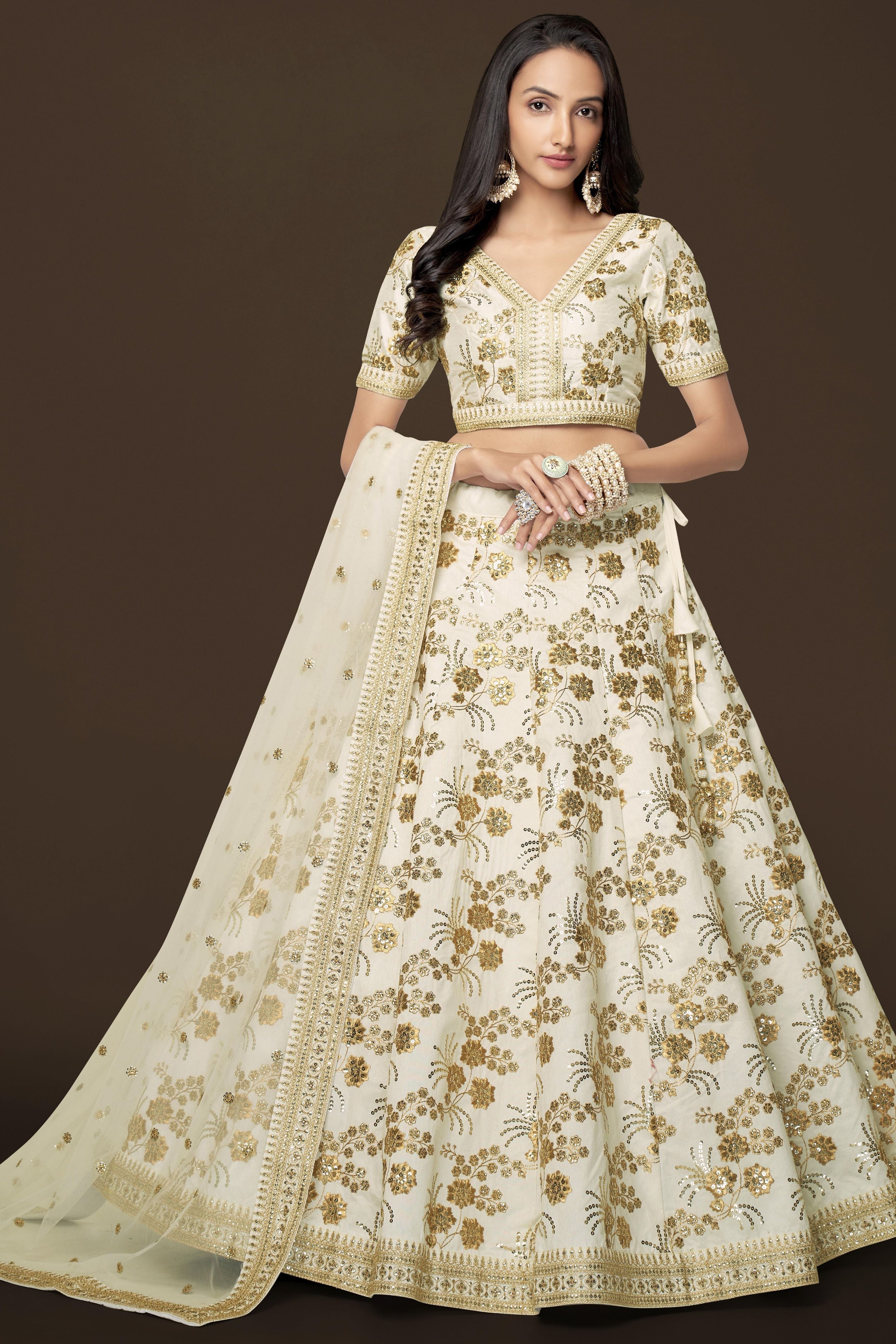 White Slub Silk Lehenga Choli For Indian Festivals & Pakistani Weddings Dress - Sequence Embroidery Work, Zari Work