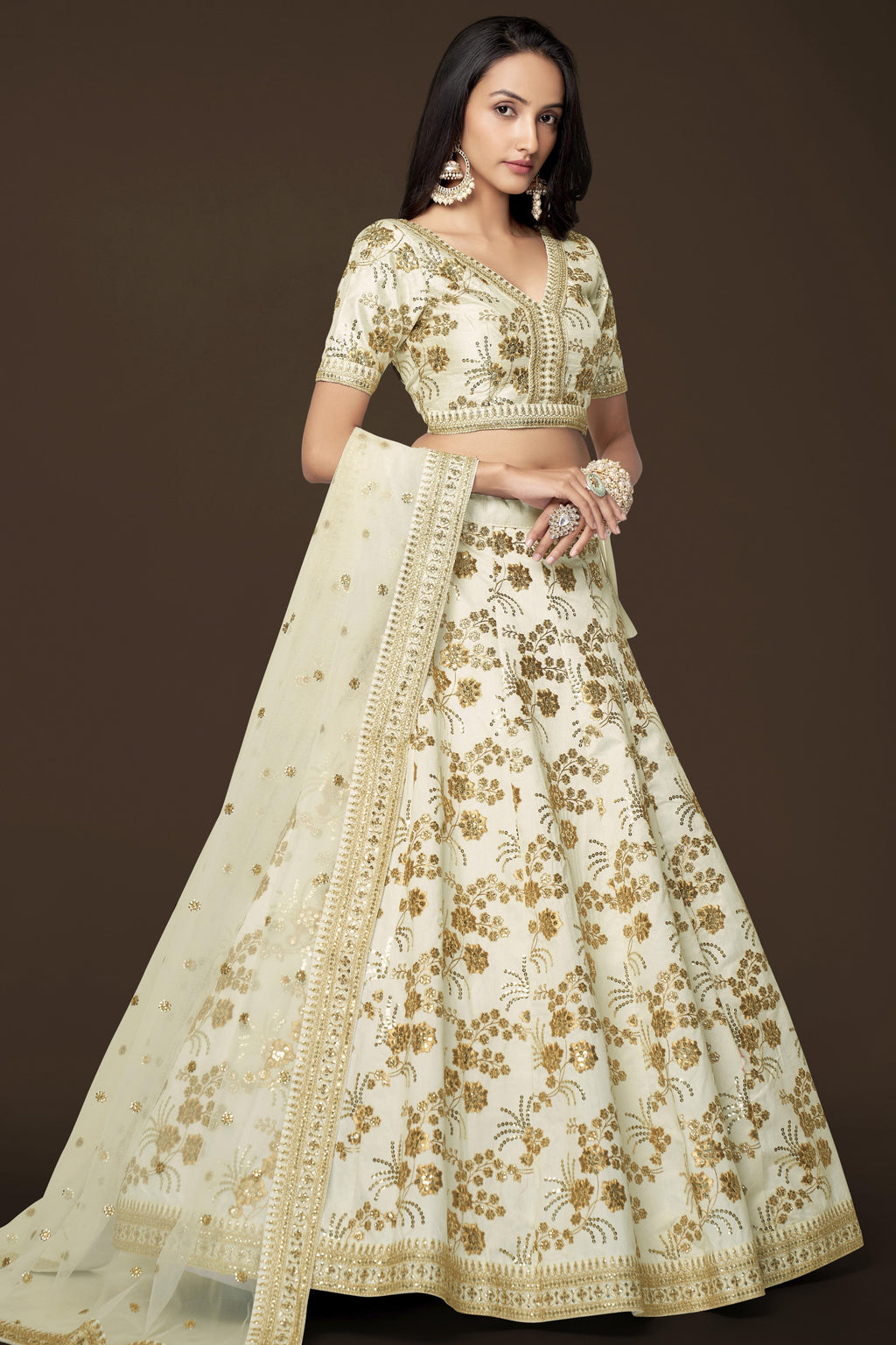 White Slub Silk Lehenga Choli For Indian Festivals & Pakistani Weddings Dress - Sequence Embroidery Work, Zari Work