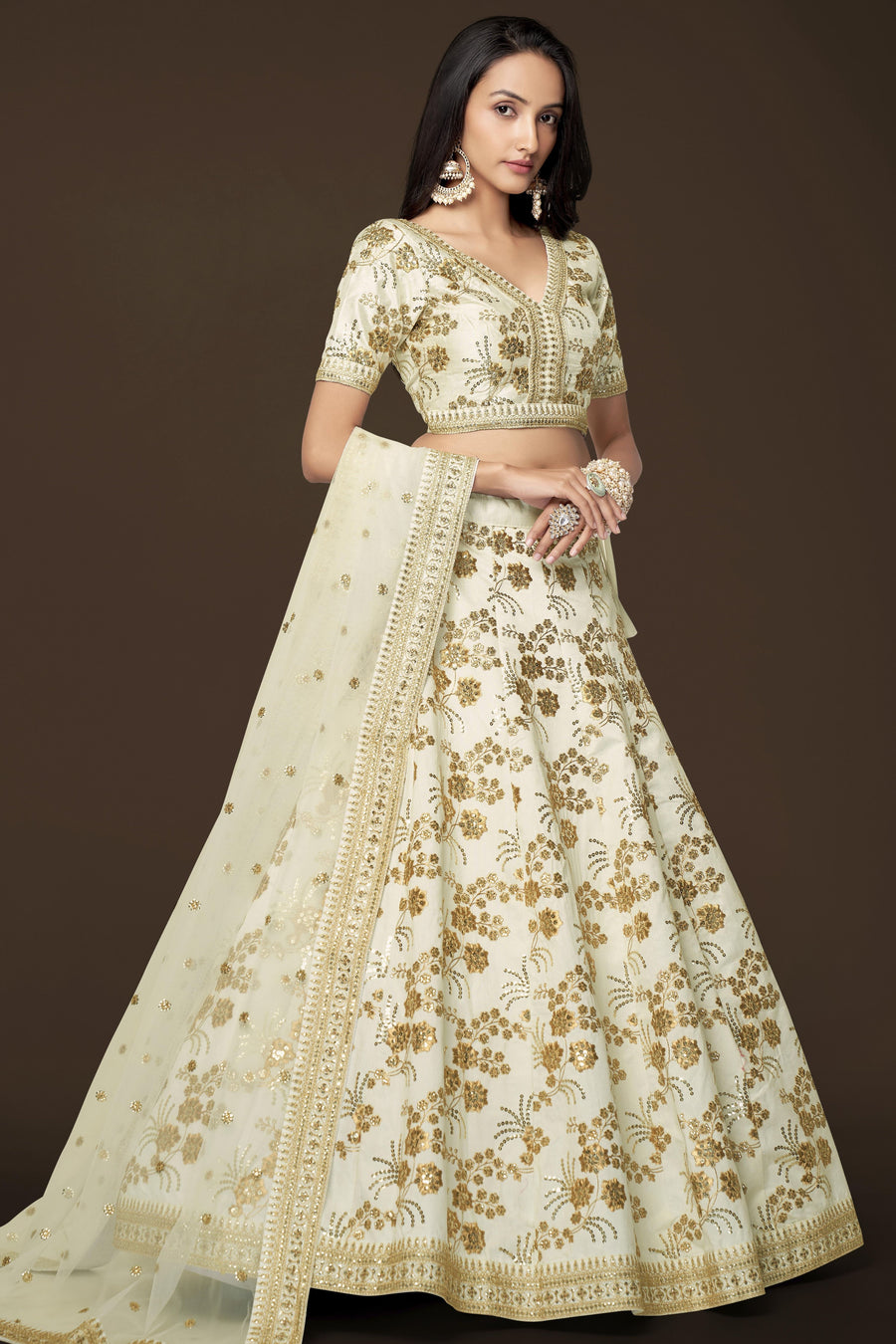 White Slub Silk Lehenga Choli For Indian Festivals & Pakistani Weddings Dress - Sequence Embroidery Work, Zari Work
