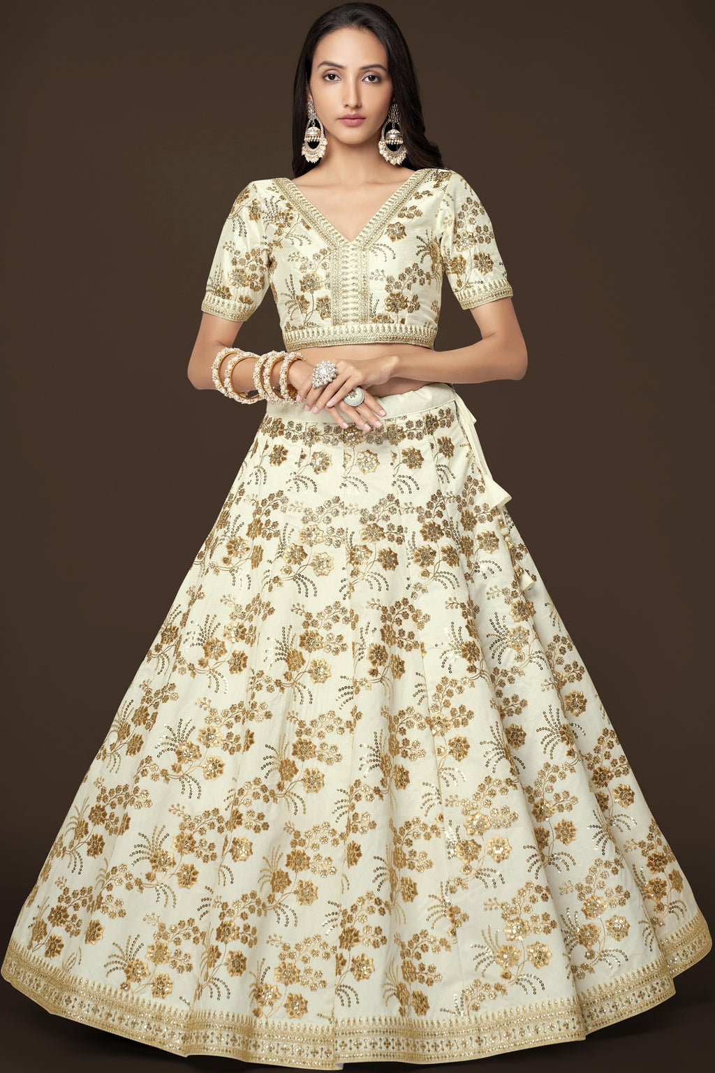 White Slub Silk Lehenga Choli For Indian Festivals & Pakistani Weddings Dress - Sequence Embroidery Work, Zari Work