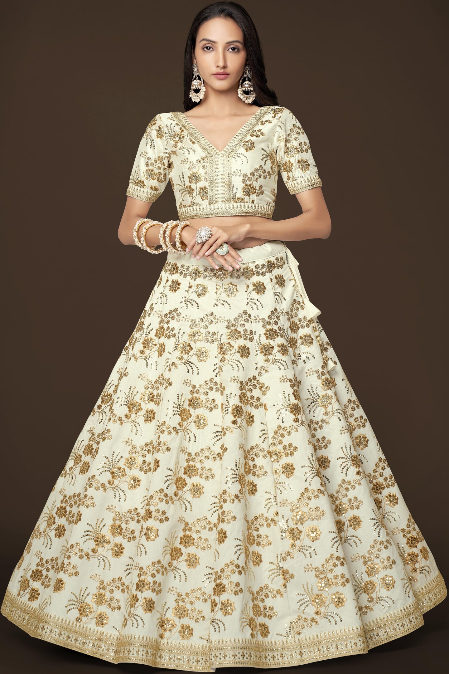 White Slub Silk Lehenga Choli For Indian Festivals & Pakistani Weddings Dress - Sequence Embroidery Work, Zari Work