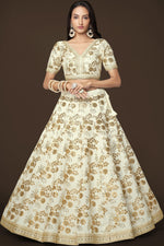 White Slub Silk Lehenga Choli For Indian Festivals & Pakistani Weddings Dress - Sequence Embroidery Work, Zari Work